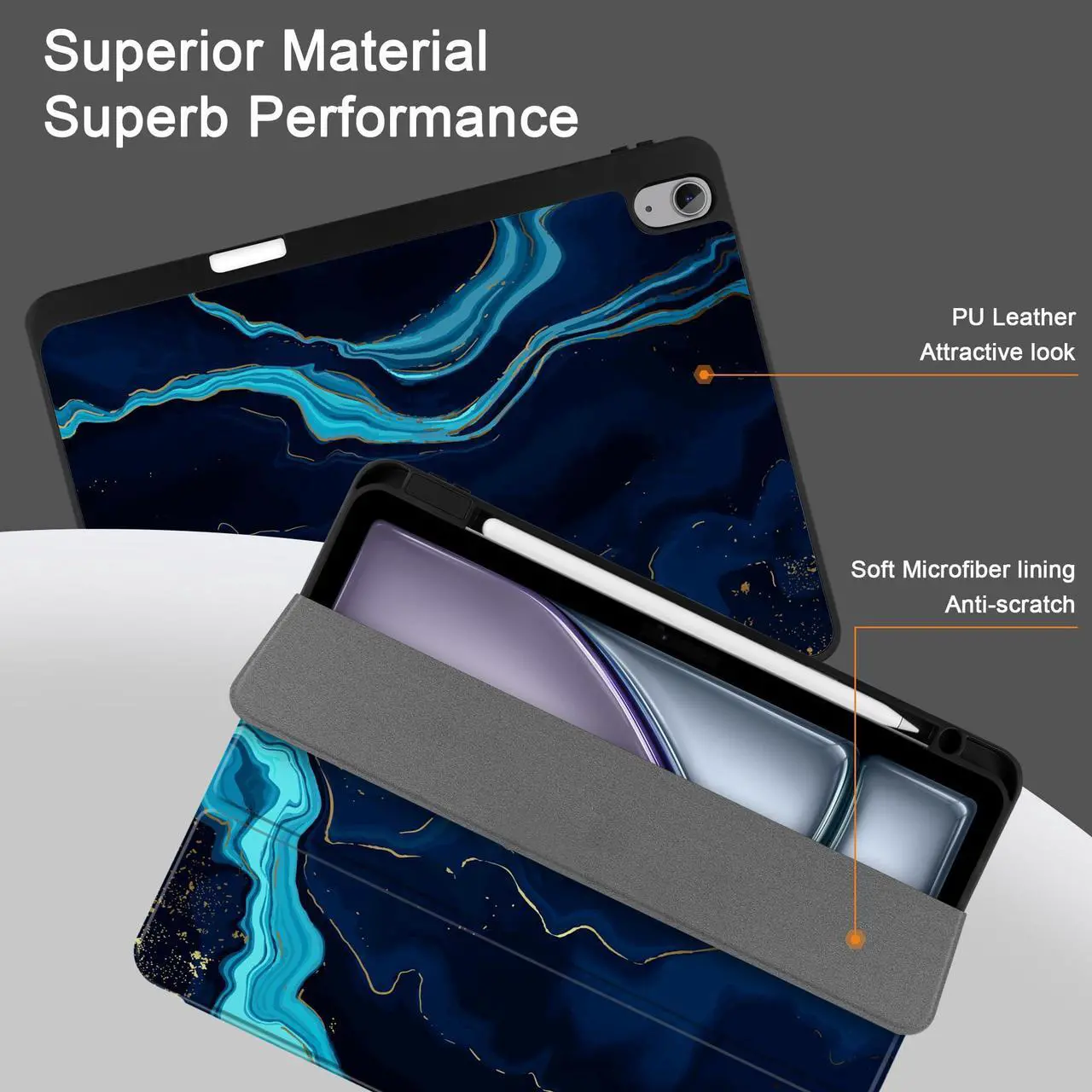 Alt view image 2 of 5 - DONGKE for iPad Air 13 Inch Case M3 2025, M2 2024 - [Built-in Pencil Holder] Slim Trifold Stand Shockproof Protective Cover with Soft TPU Back Support Auto Sleep/Wake - Blue Marble