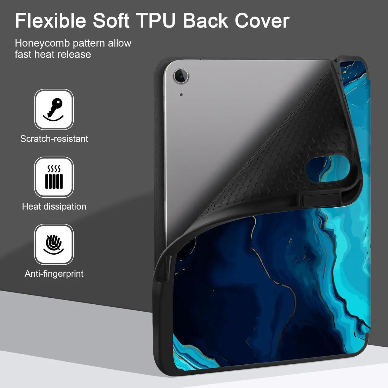 Alt view image 4 of 5 - DONGKE for iPad Air 13 Inch Case M3 2025, M2 2024 - [Built-in Pencil Holder] Slim Trifold Stand Shockproof Protective Cover with Soft TPU Back Support Auto Sleep/Wake - Blue Marble
