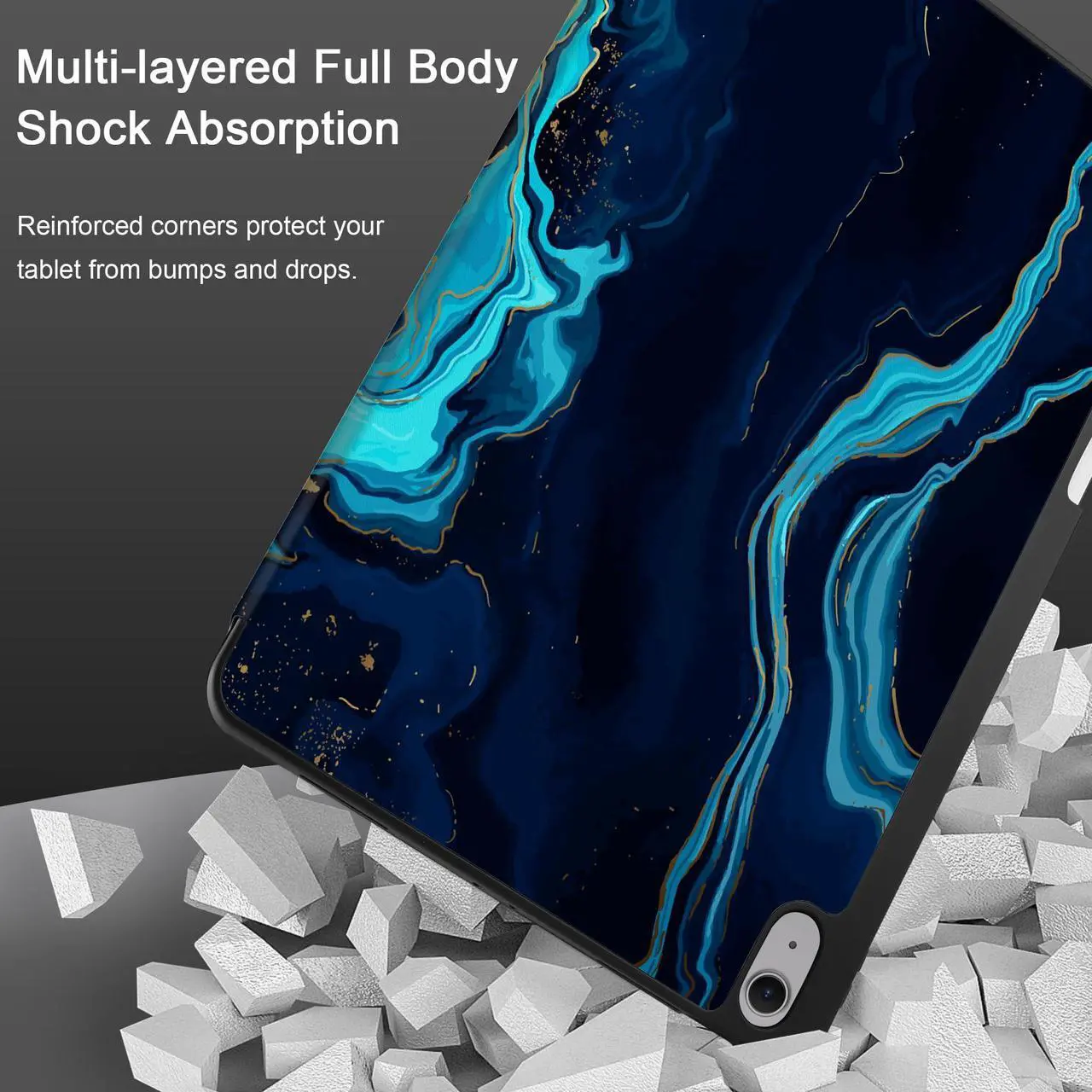Alt view image 3 of 5 - DONGKE for iPad Air 13 Inch Case M3 2025, M2 2024 - [Built-in Pencil Holder] Slim Trifold Stand Shockproof Protective Cover with Soft TPU Back Support Auto Sleep/Wake - Blue Marble