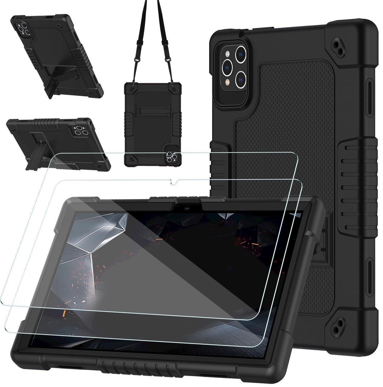 Main image of FIEWESEY for MEIZE D115 Tablet Case with 2 Pcs Screen Protector,Heavy Duty Kids Shockproof Stand Shoulder Strap Case for KADYBE D115/Qukenk 10.1"/DOMATON D105/kimlok 10.1 inch Tablet (Black)