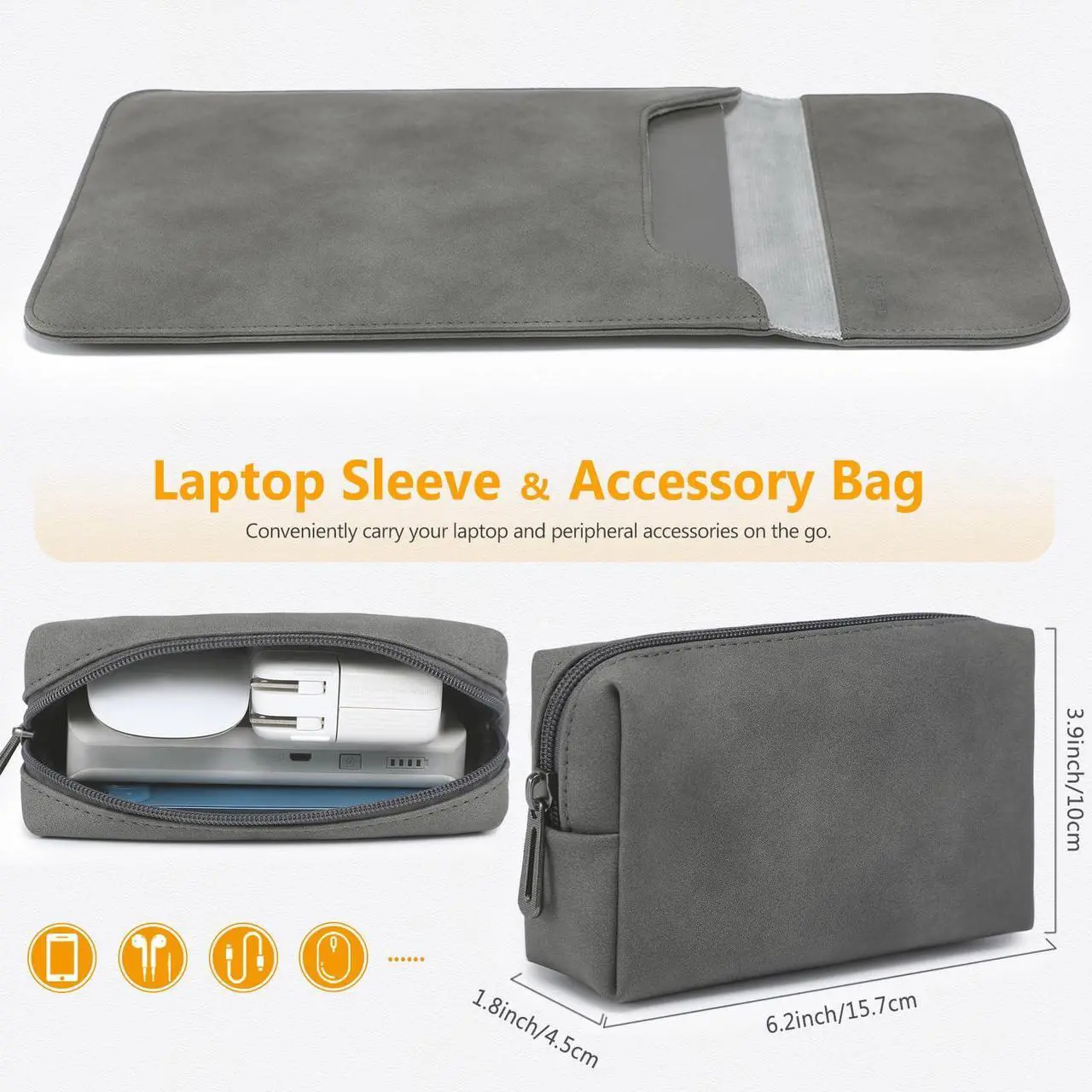 Alt view image 2 of 5 - HYZUO 15-16 Inch Laptop Sleeve for MacBook Pro 16 M4/M3/M2/M1 A3403 A3186 A2991 A2780 2025-2019, MacBook Pro 15 2015-2012 A1398, XPS 15, Faux Suede Leather Case with Accessory Bag, Dark Gray