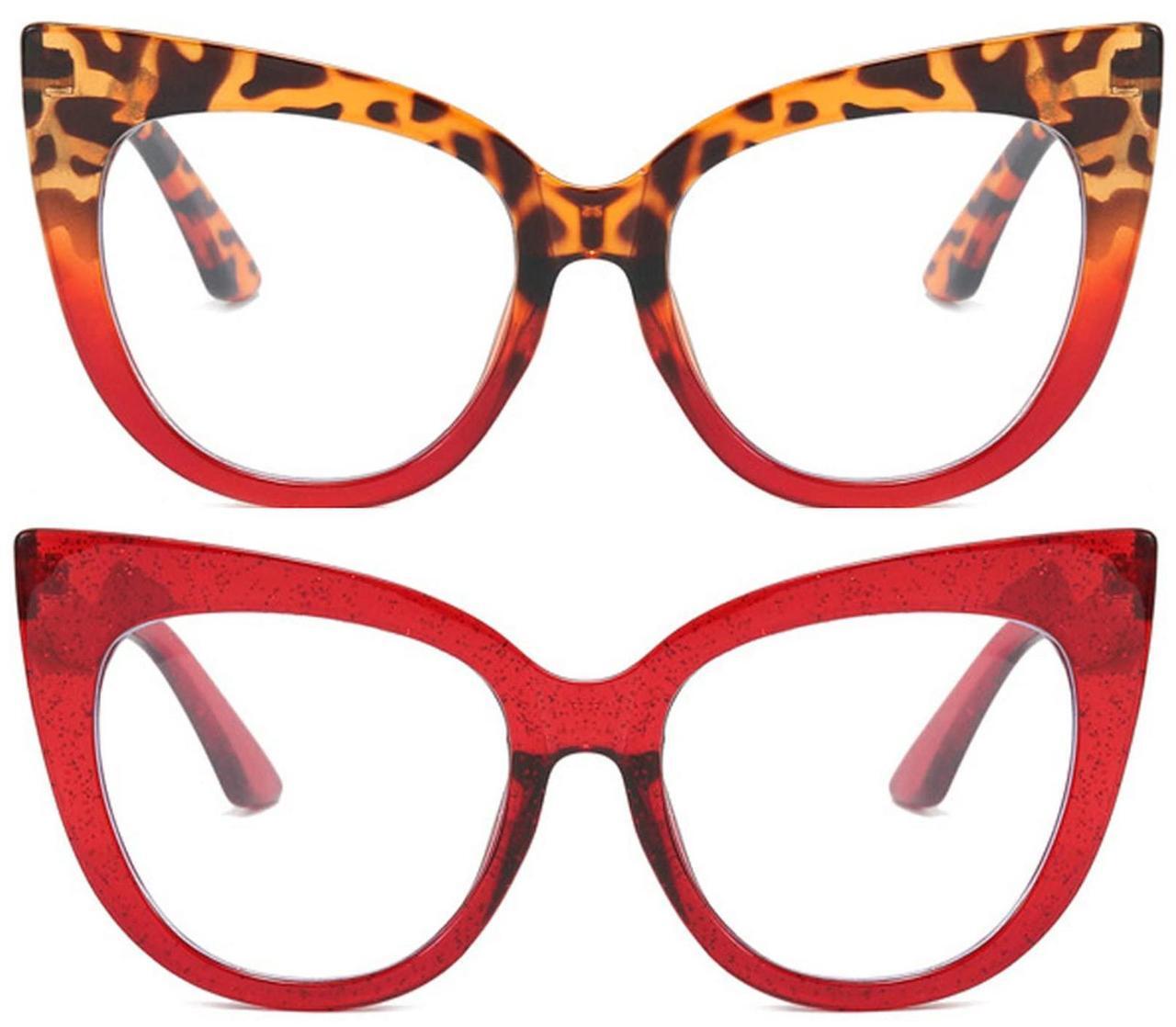 Main image of mincl Cat Eye Reading Glasses for Women,Retro Red Frame 2pack Computer Readers, Oversized Blue light Blocking Eyeglasses, (2pcs-red&leopard, 1.25, multiplier_x)