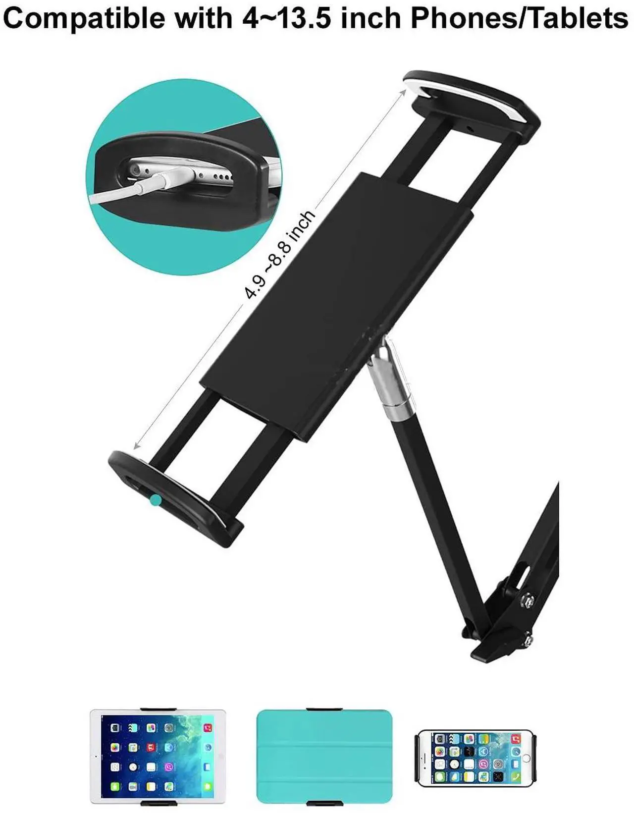 Alt view image 4 of 5 - OHITEC Heavy Duty Phone/Tablet Metal Holder Universal Mobile Cell Smartphone Mount Lazy Bracket 360deg Rotation Gooseneck Clamp Stand Flexible Long Arm (White, 3-Section)