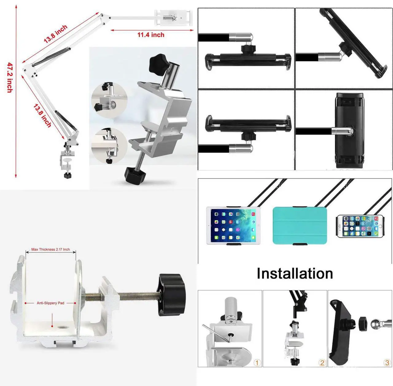 Alt view image 5 of 5 - OHITEC Heavy Duty Phone/Tablet Metal Holder Universal Mobile Cell Smartphone Mount Lazy Bracket 360deg Rotation Gooseneck Clamp Stand Flexible Long Arm (White, 3-Section)