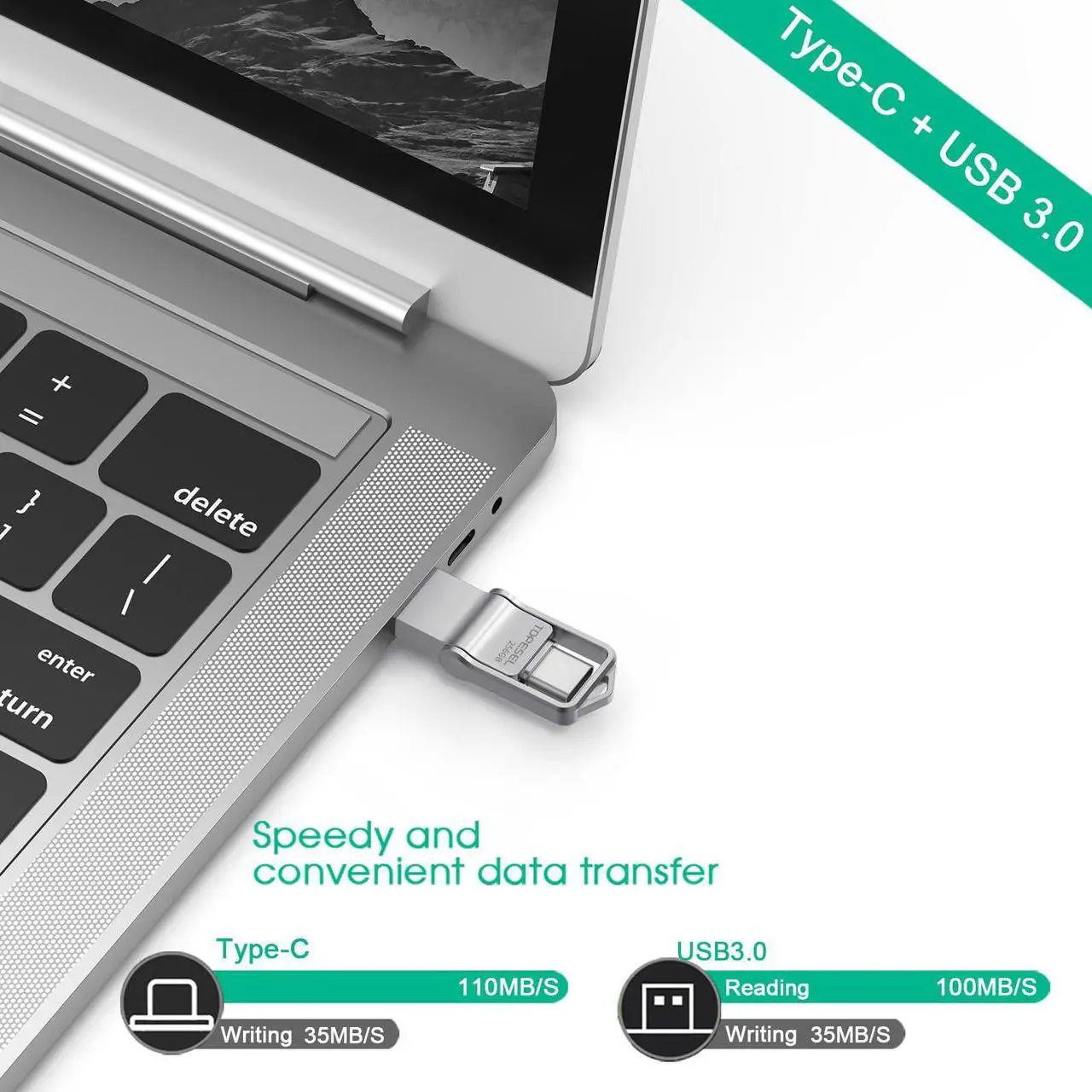 Alt view image 3 of 5 - TOPESEL 256GB USB-C Flash Drive - Dual USB 3.0, Waterproof, Portable for Computer, Mac, Smartphone, Tablet