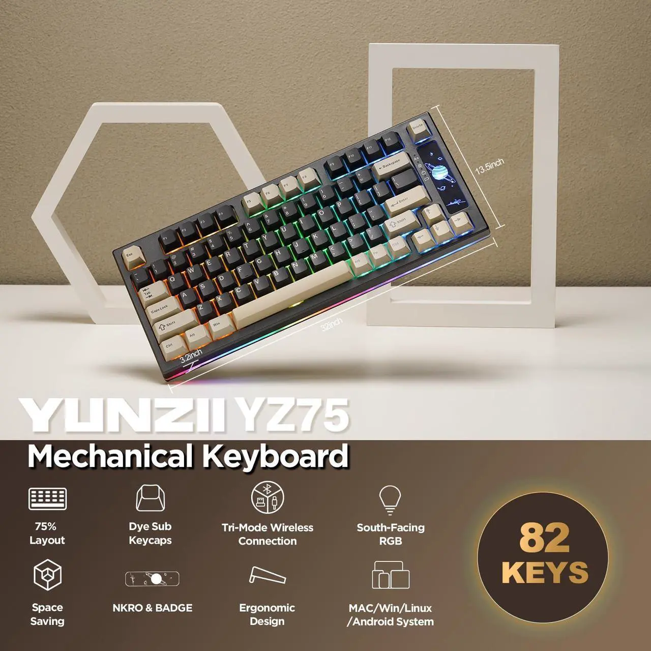 Alt view image 2 of 5 - YUNZII YZ75 75% Hot Swappable Wireless Gaming Mechanical Keyboard, RGB Backlights, BT5.0/2.4G/USB-C, Dye Sub PBT Keycaps for Linux/Win/Mac(Gateron G Pro Brown, Black)