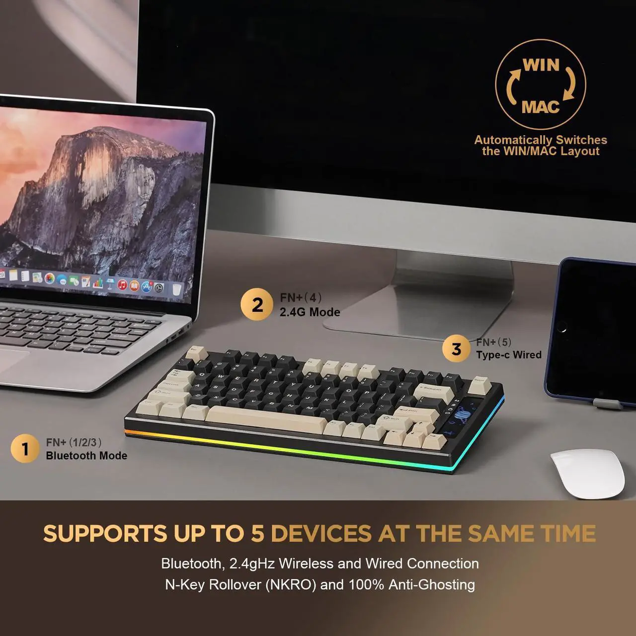Alt view image 3 of 5 - YUNZII YZ75 75% Hot Swappable Wireless Gaming Mechanical Keyboard, RGB Backlights, BT5.0/2.4G/USB-C, Dye Sub PBT Keycaps for Linux/Win/Mac(Gateron G Pro Brown, Black)