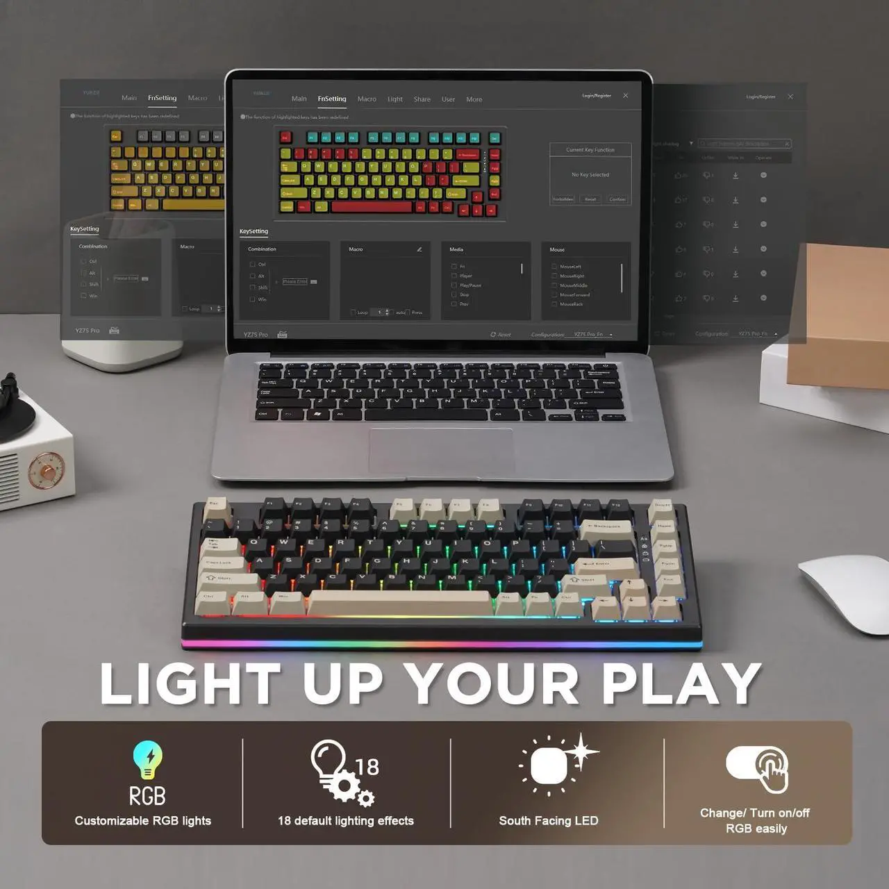 Alt view image 4 of 5 - YUNZII YZ75 75% Hot Swappable Wireless Gaming Mechanical Keyboard, RGB Backlights, BT5.0/2.4G/USB-C, Dye Sub PBT Keycaps for Linux/Win/Mac(Gateron G Pro Brown, Black)