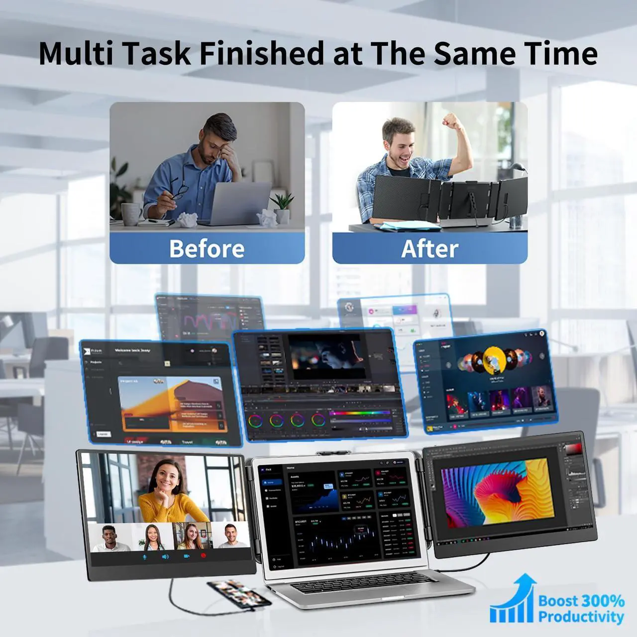 Alt view image 6 of 6 - BOSII Laptop Screen Extender Portable -14 Inch Triple IPS FHD 1080P HDMI/USB-A/Type-C Extended Monitor for 13"-17.3" Laptops Compatible with Windows Mac Travel Gaming Work