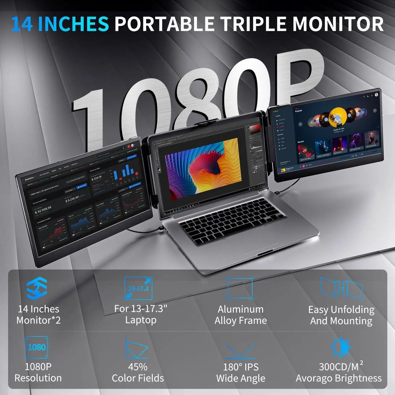 Alt view image 2 of 6 - BOSII Laptop Screen Extender Portable -14 Inch Triple IPS FHD 1080P HDMI/USB-A/Type-C Extended Monitor for 13"-17.3" Laptops Compatible with Windows Mac Travel Gaming Work