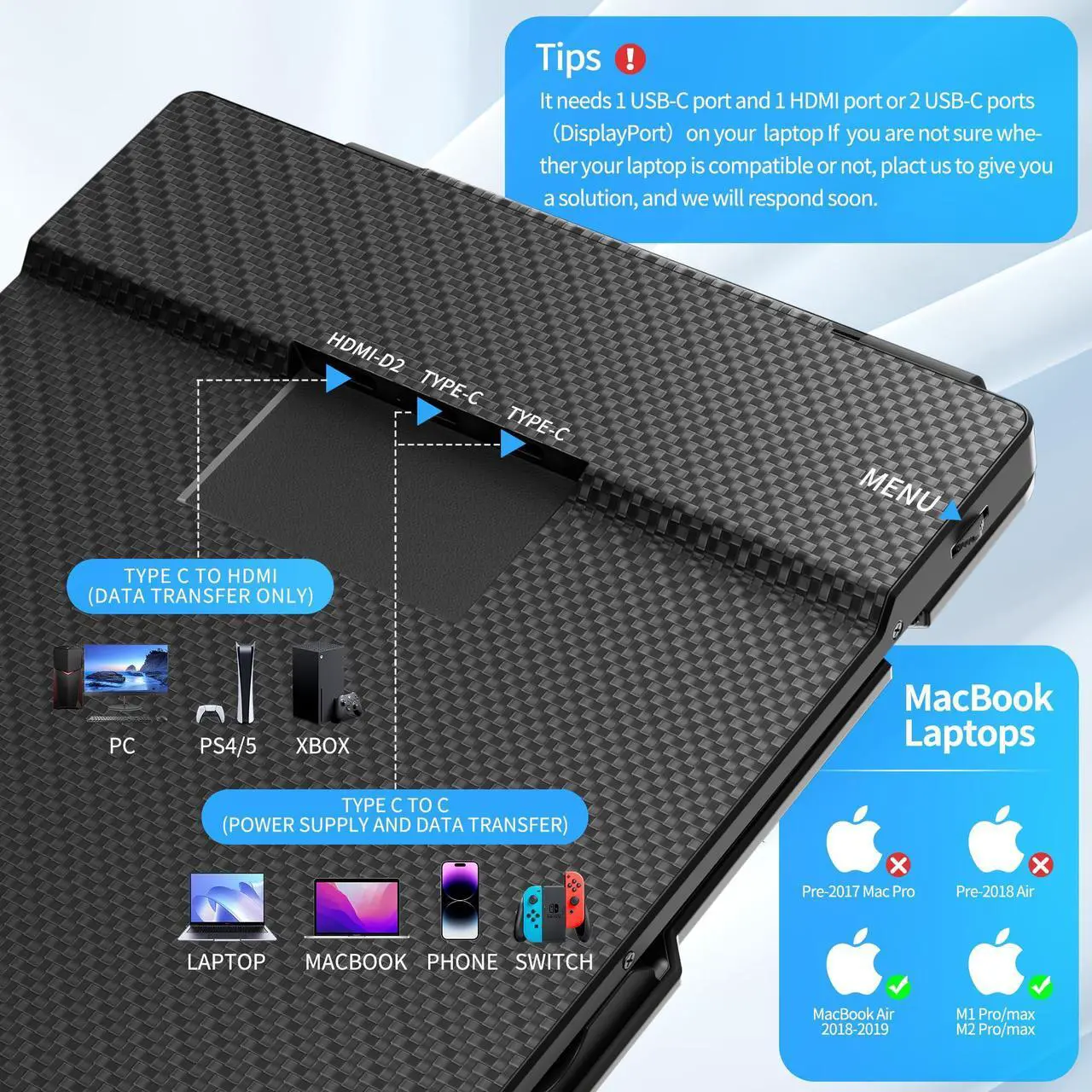 Alt view image 4 of 6 - BOSII Laptop Screen Extender Portable -14 Inch Triple IPS FHD 1080P HDMI/USB-A/Type-C Extended Monitor for 13"-17.3" Laptops Compatible with Windows Mac Travel Gaming Work