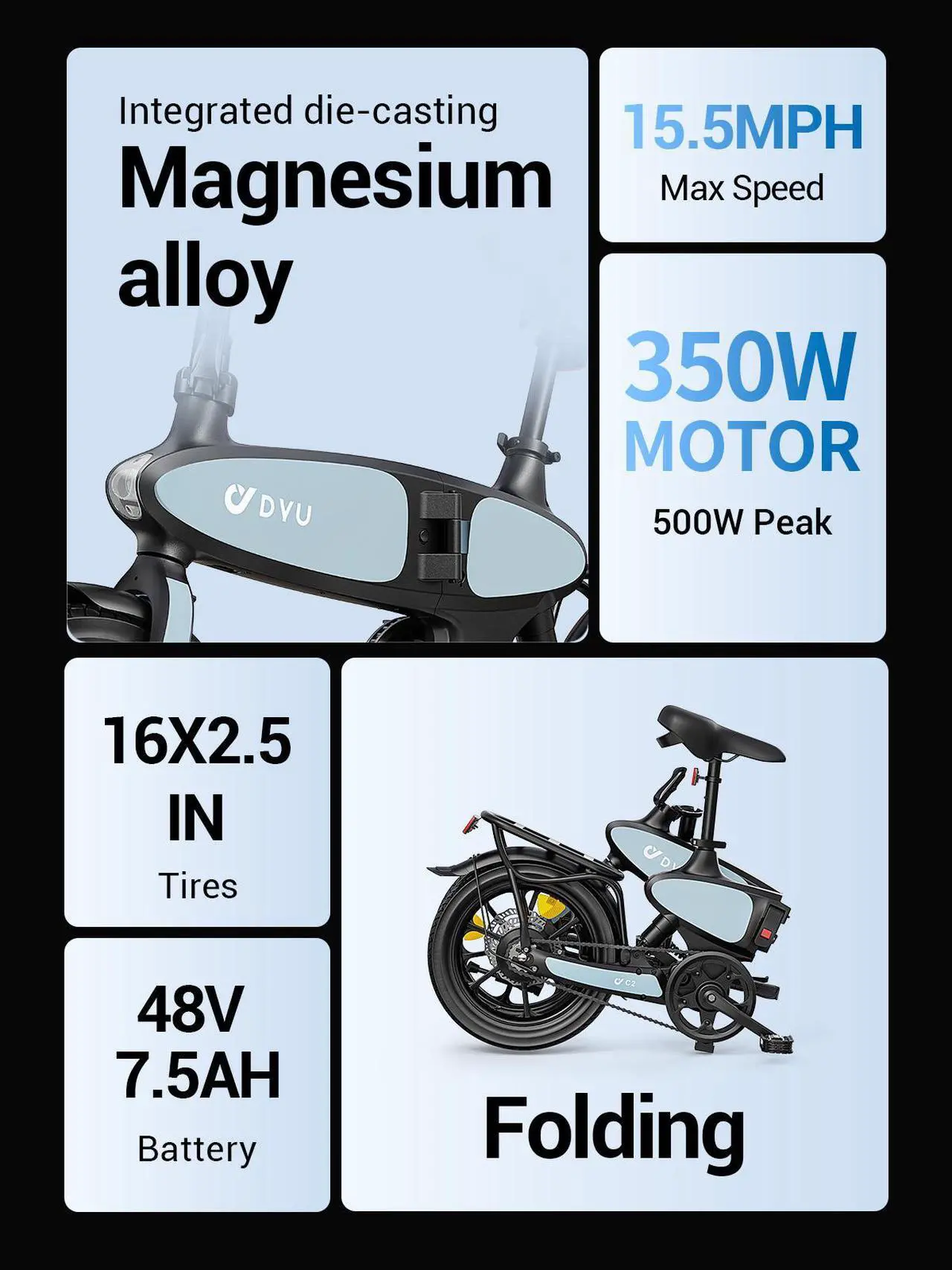Alt view image 2 of 7 - DYU 16" Folding Electric Bike for Adults Teens, 500W Peak Motor 48V/7.5AH, Pedal-Assist, Commuter Cruiser City E Bike