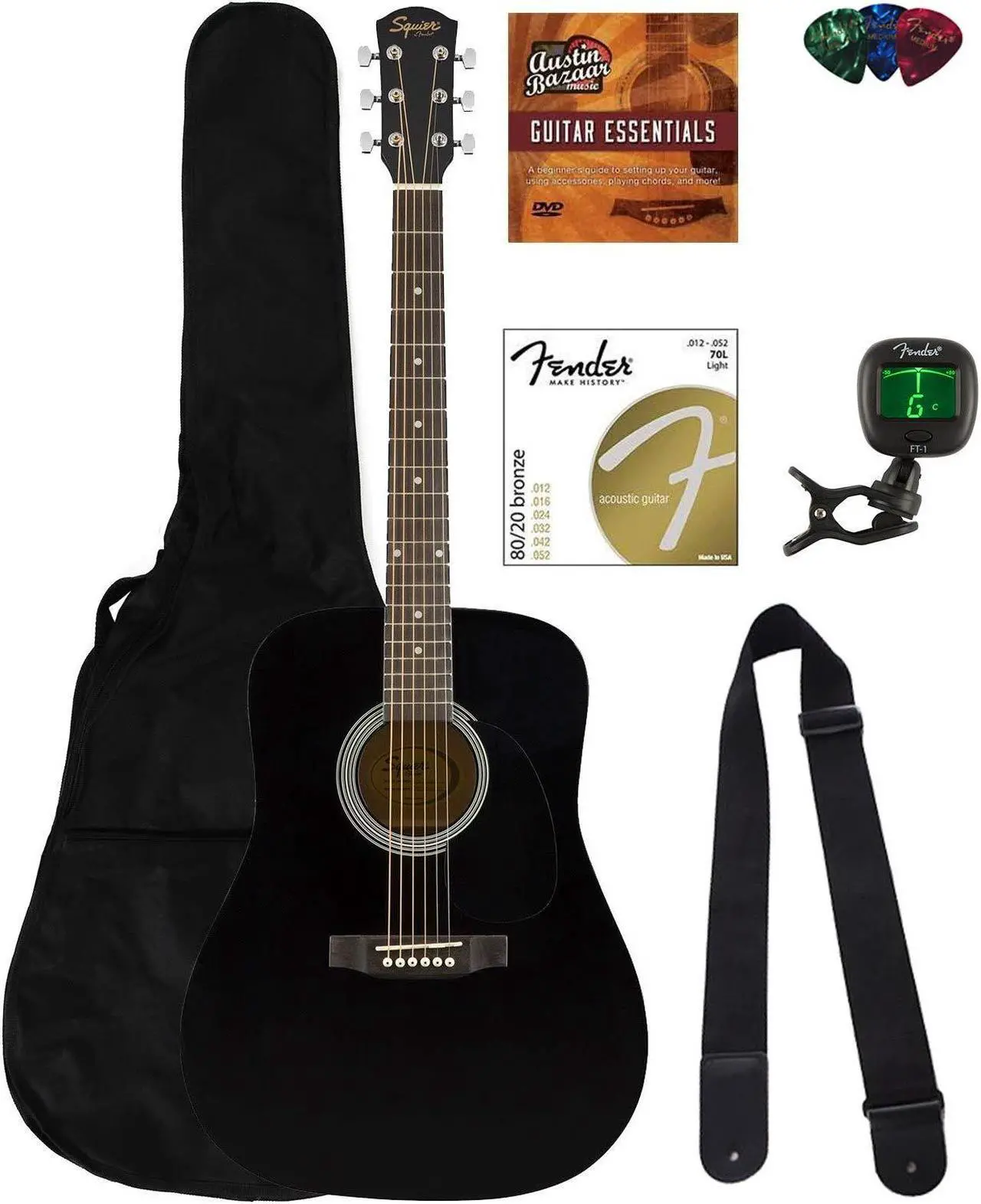 Main image of Fender Squier Dreadnought Acoustic Guitar - Black Bundle with Gig Bag, Tuner, Strap, Strings, Picks, Fender Play Online Lessons, and Austin Bazaar Instructional DVD