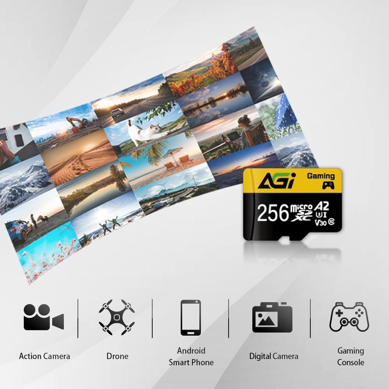 Alt view image 4 of 7 - AGI 256GB TF138 MicroSDXC Memory Card C10 U3 V30 A2 Micro SD (R/W Speed up to 98/70 MBs) SD Card Adapter is accompanied for Using with DSLRs, camcorders and Other SD-Compatible Devices