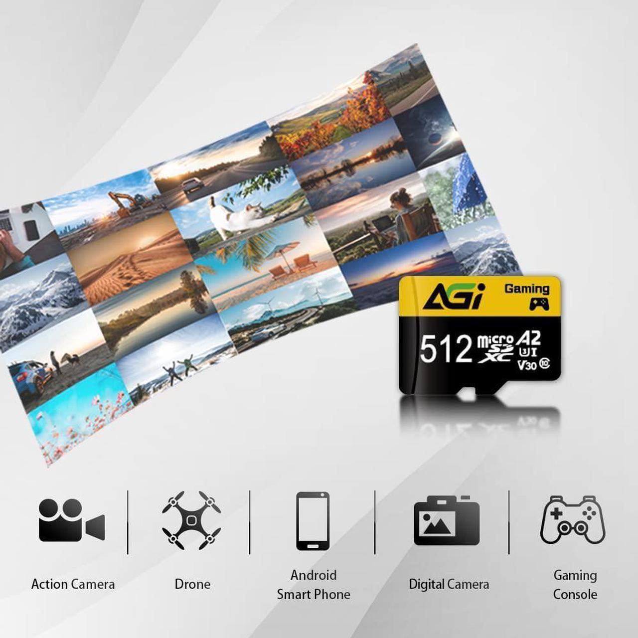 Alt view image 4 of 7 - AGI 512GB TF138 MicroSDXC Memory Card C10 U3 V30 A2 Micro SD (R/W Speed up to 98/70 MBs) SD Card Adapter is accompanied for Using with DSLRs, camcorders and Other SD-Compatible Devices