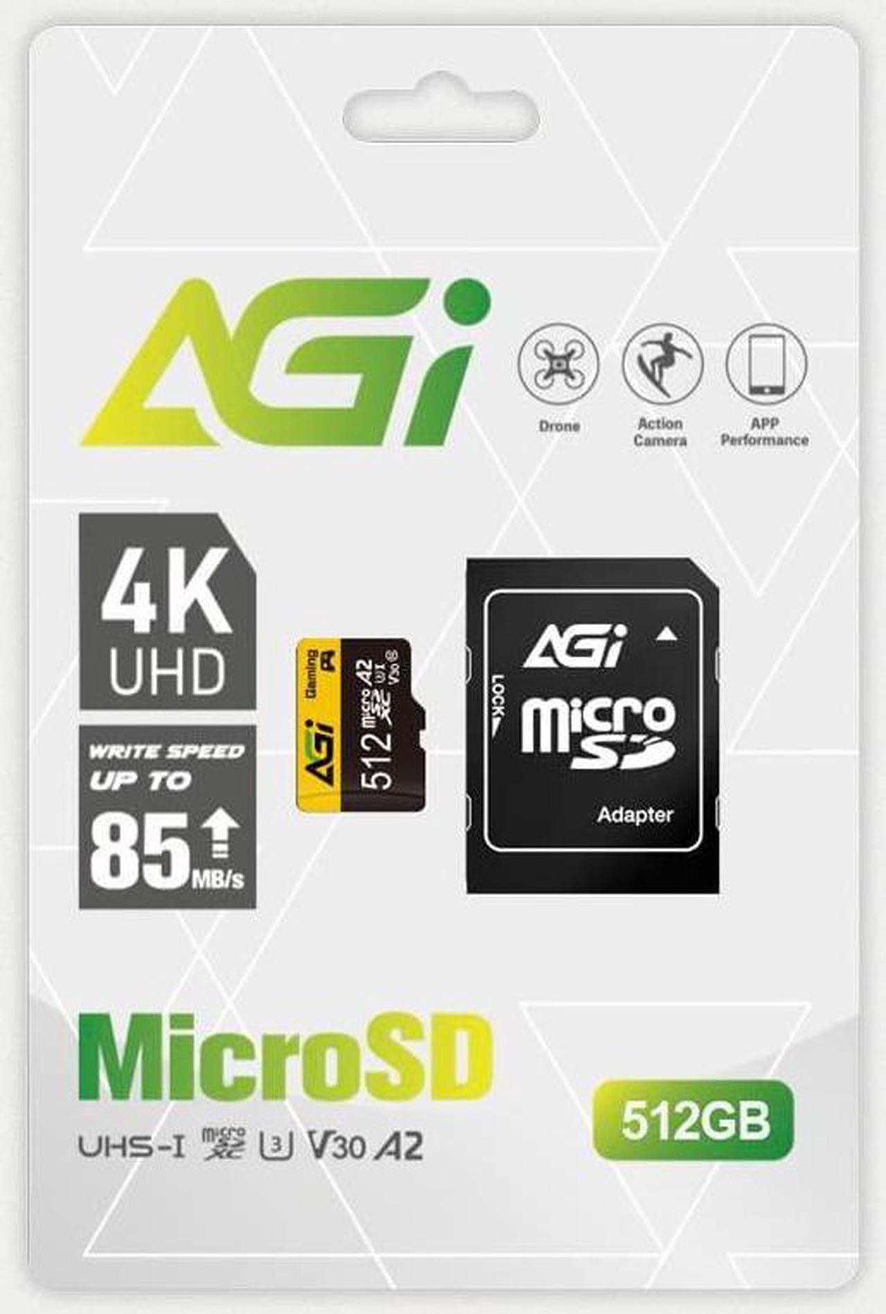 Alt view image 2 of 7 - AGI 512GB TF138 MicroSDXC Memory Card C10 U3 V30 A2 Micro SD (R/W Speed up to 98/70 MBs) SD Card Adapter is accompanied for Using with DSLRs, camcorders and Other SD-Compatible Devices