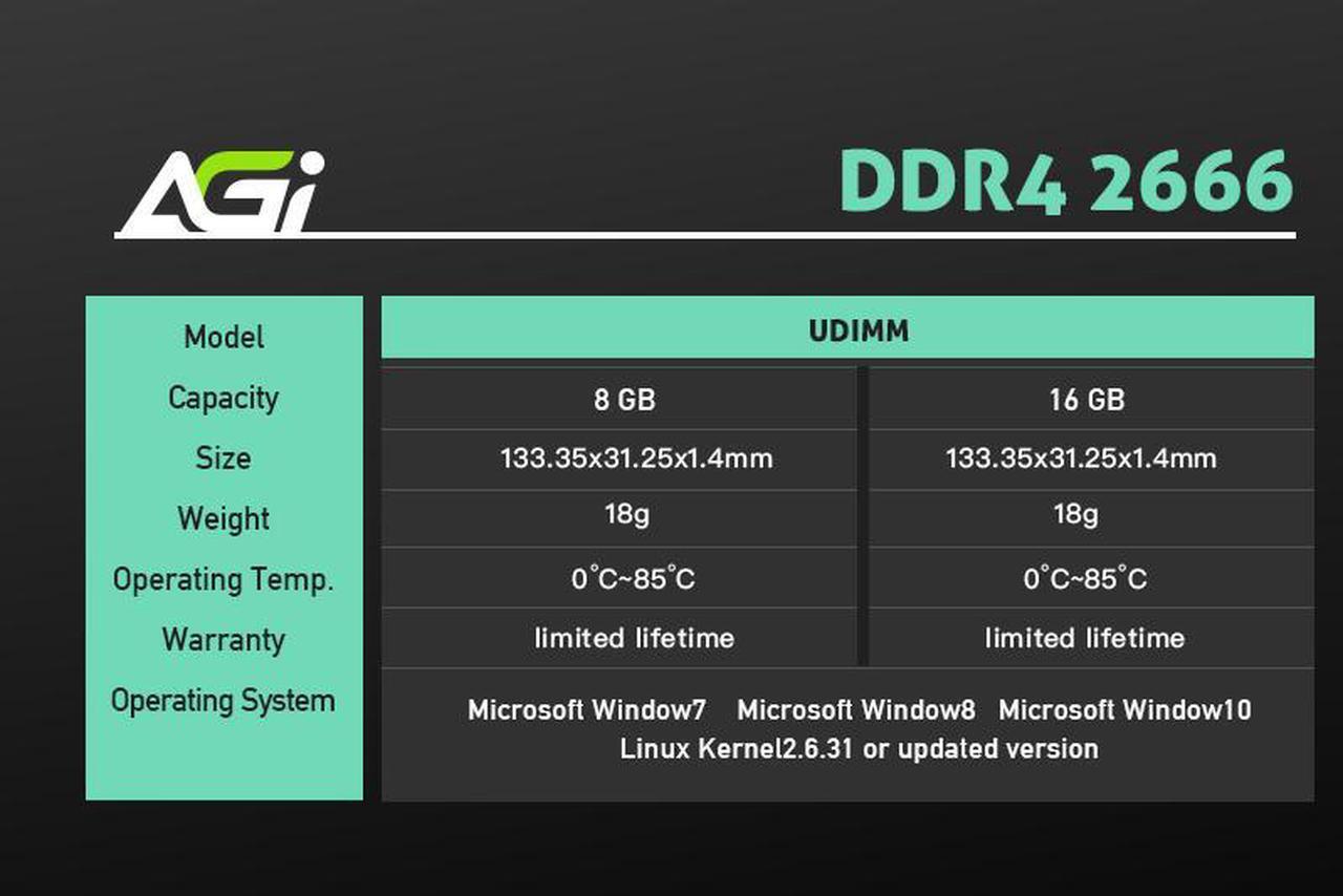 Alt view image 5 of 5 - AGI UD138 16GB DDR4 UDIMM 2666MHz CL19, 1.2V, 288-pin for Computer Memory RAM Module Upgrade