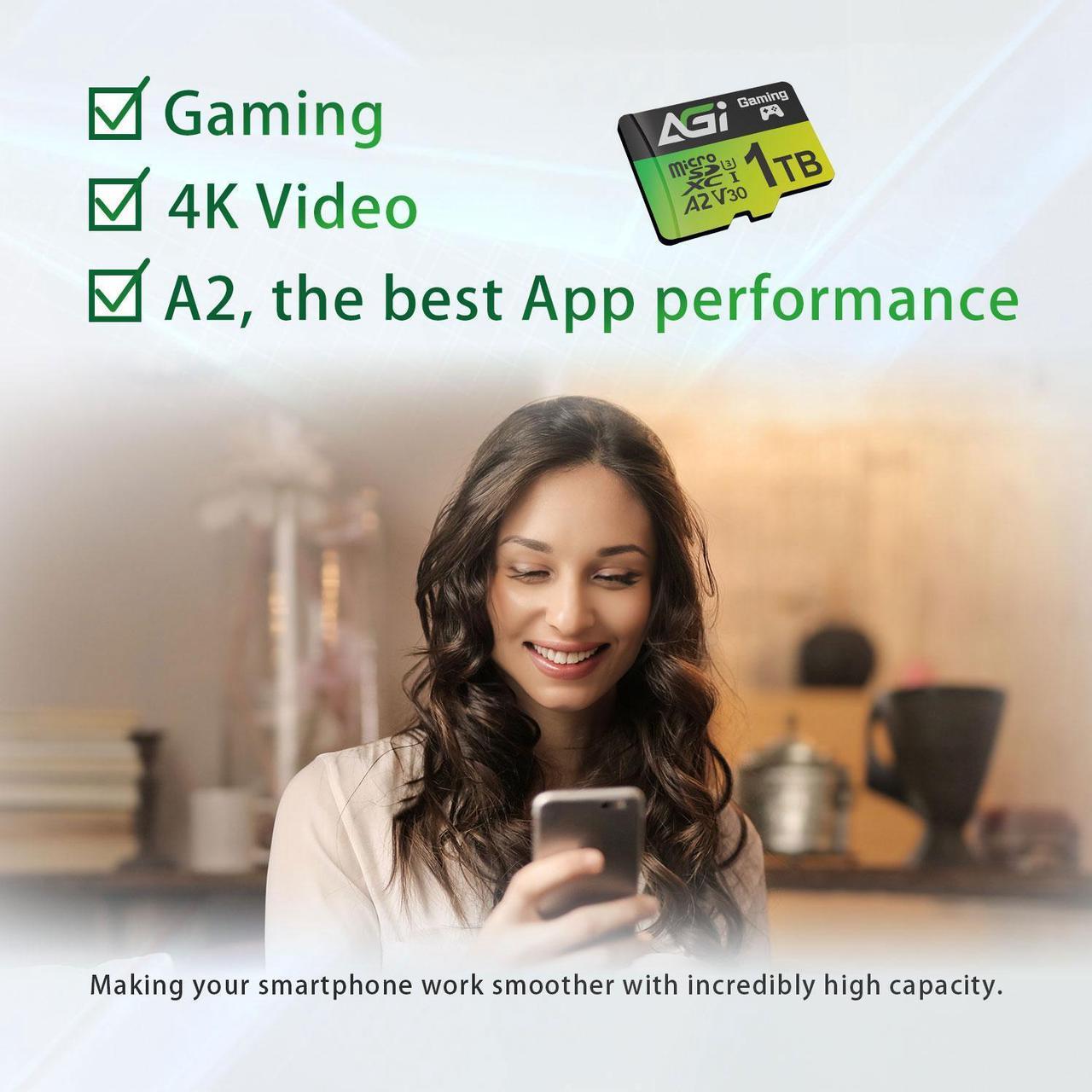 Alt view image 6 of 6 - AGI 1TB TF138 MicroSD Memory, High-Capacity Storage Suit for Gaming. MicroSDXC A2 U3 V30 4K UHS-I U3 (Read Speed up to 170 MB/s, Write Speed up to 160 MB/s) with SD Card Adapter