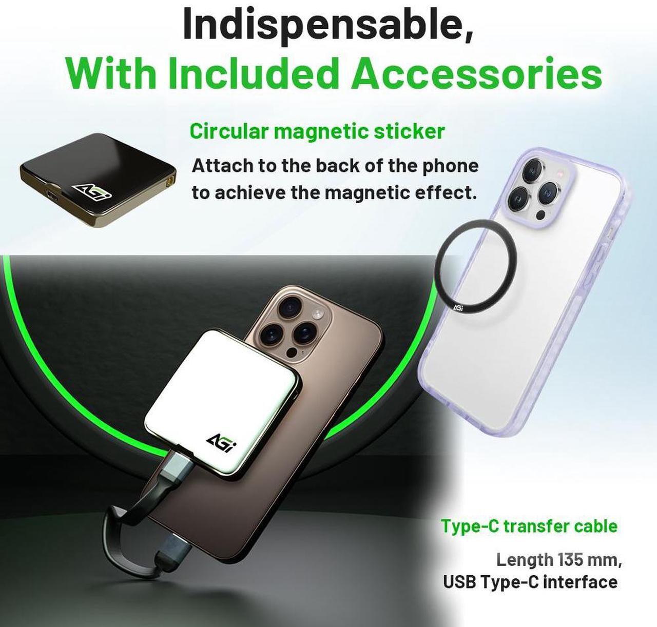 Alt view image 2 of 7 - AGI EDM38 Portable 2TB SSD Type-C USB 3.2 Gen 2x2 Storage(White). Compatible with Magsafe for iPhone 15 Pro Max ProRes. Read speed up to 2050 MB/s. External SSD for iPhone 15 and newer, PC, laptops.