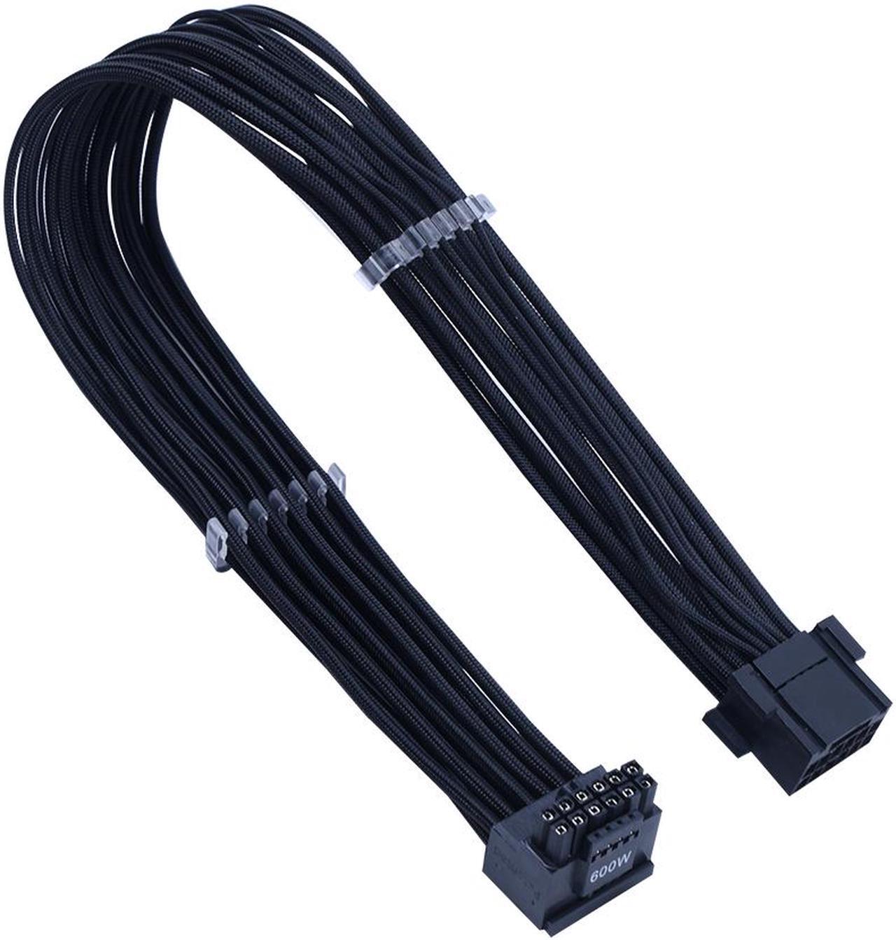 Main image of X-Enlazar Superior 600W PCIe 5.0 / Gen 5 90 Degree L-Angled Patent 12VHPWR PSU Extension Cable / Black / 12+4pin to 12+4pin Extension Connector / Mesh Paracord Sleeving