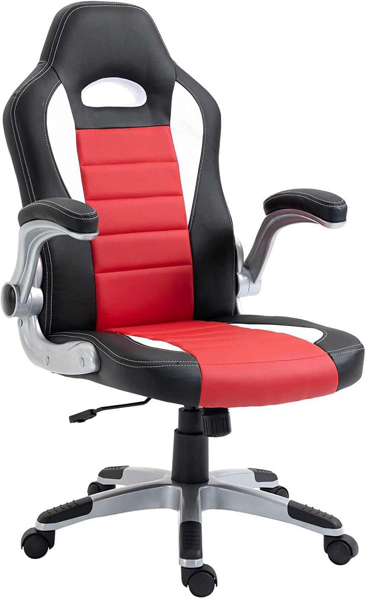 HOMCOM Racing Gaming Chair PU Leather Office Chair Executive Computer Desk Chair with Adjustable Height, Flip Up Armrest, Swivel Wheels, Red