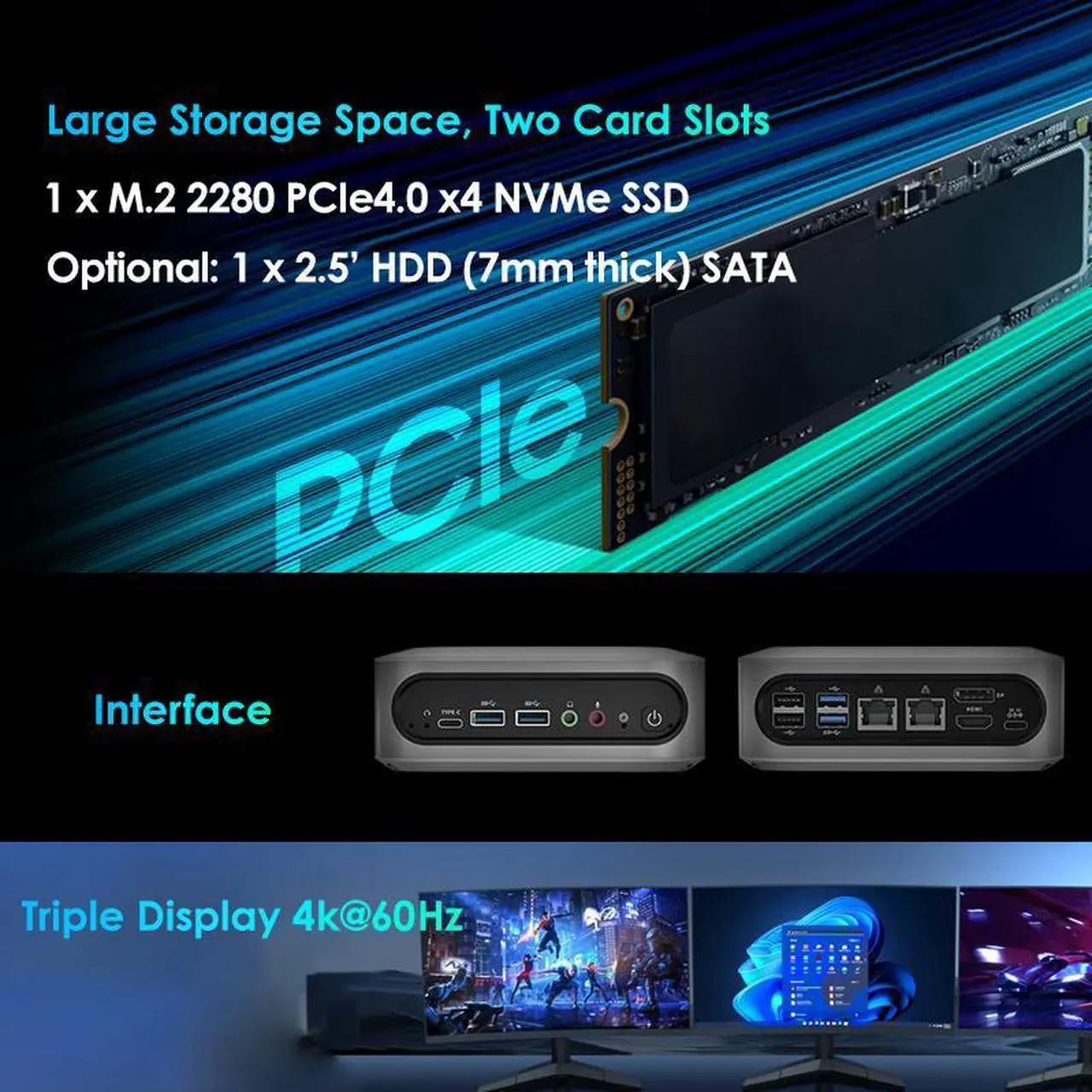 Alt view image 4 of 6 - BRENUC Mini PC C14T Intel Core i9-11900H (up to 4.9GHz), 16GB DDR4 RAM 512GB NVME SSD, Intel UHD Graphics, Windows 11 Pro, Dual 2.5G LAN 4K Triple Display WiFi 6 Bluetooth 5.2