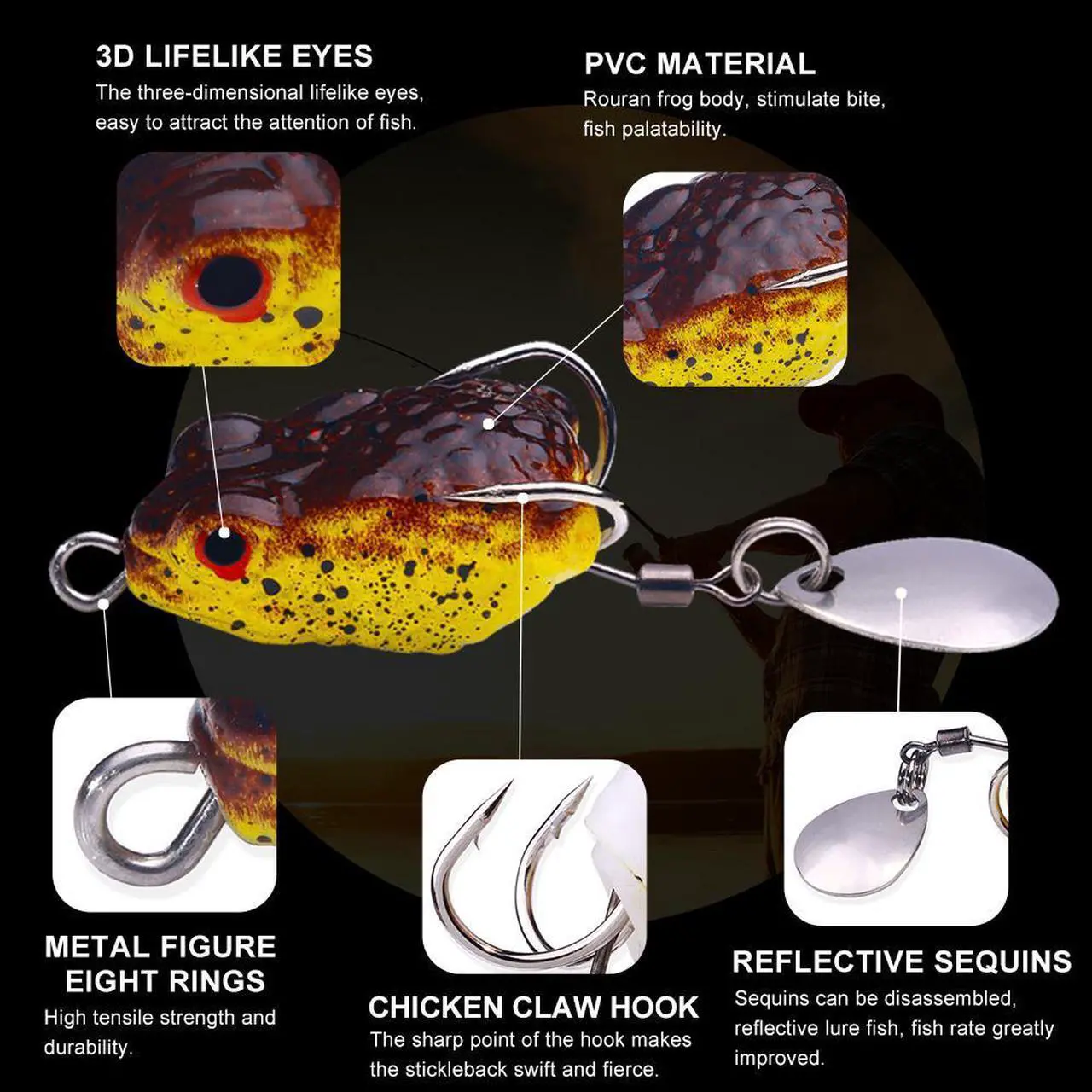 Alt view image 4 of 7 - 8pcs 2.5cm 3.4g Realistic Fishing Toad Lures Double Hide Hook With Sequins Topwater Silicon Artificial Bait Soft Frog For Bass Pike
