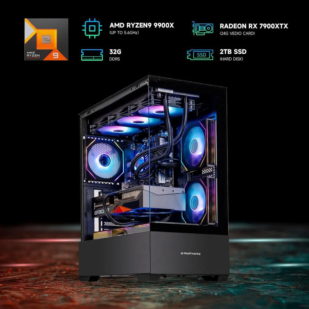 Alt view image 2 of 7 - VTG Gaming Desktop PC , Ryzen9 9900X, Radeon RX 7900 XTX 24G , 32GB DDR5 2TB SSD NVMe , 850W PSU, Wi-Fi, 360 Liquid Cooler , ARGB Fans , Windows 11 Home 64-bit , gaming pc