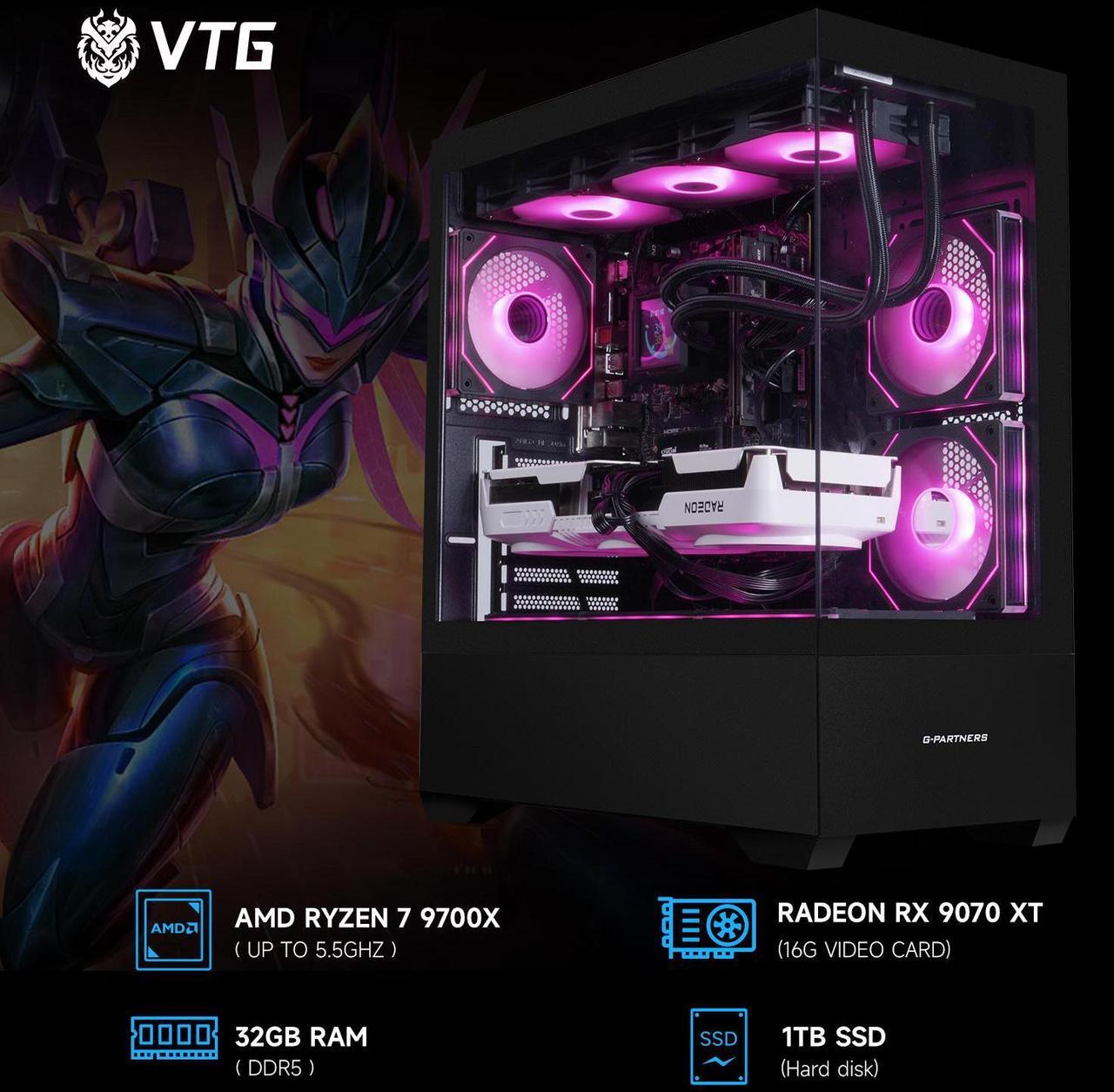Alt view image 2 of 7 - VTG Gaming PC AMD Ryzen7 9700X, Radeon RX 9070XT 16G, 1TB NVME SSD, 32GB DDR5 RAM , 850W GOLD PSU ,360MM AIO liquid cooler , MSI B650M , Windows 11 Home, WIFI,  Prebuilt Gaming Pc New computer