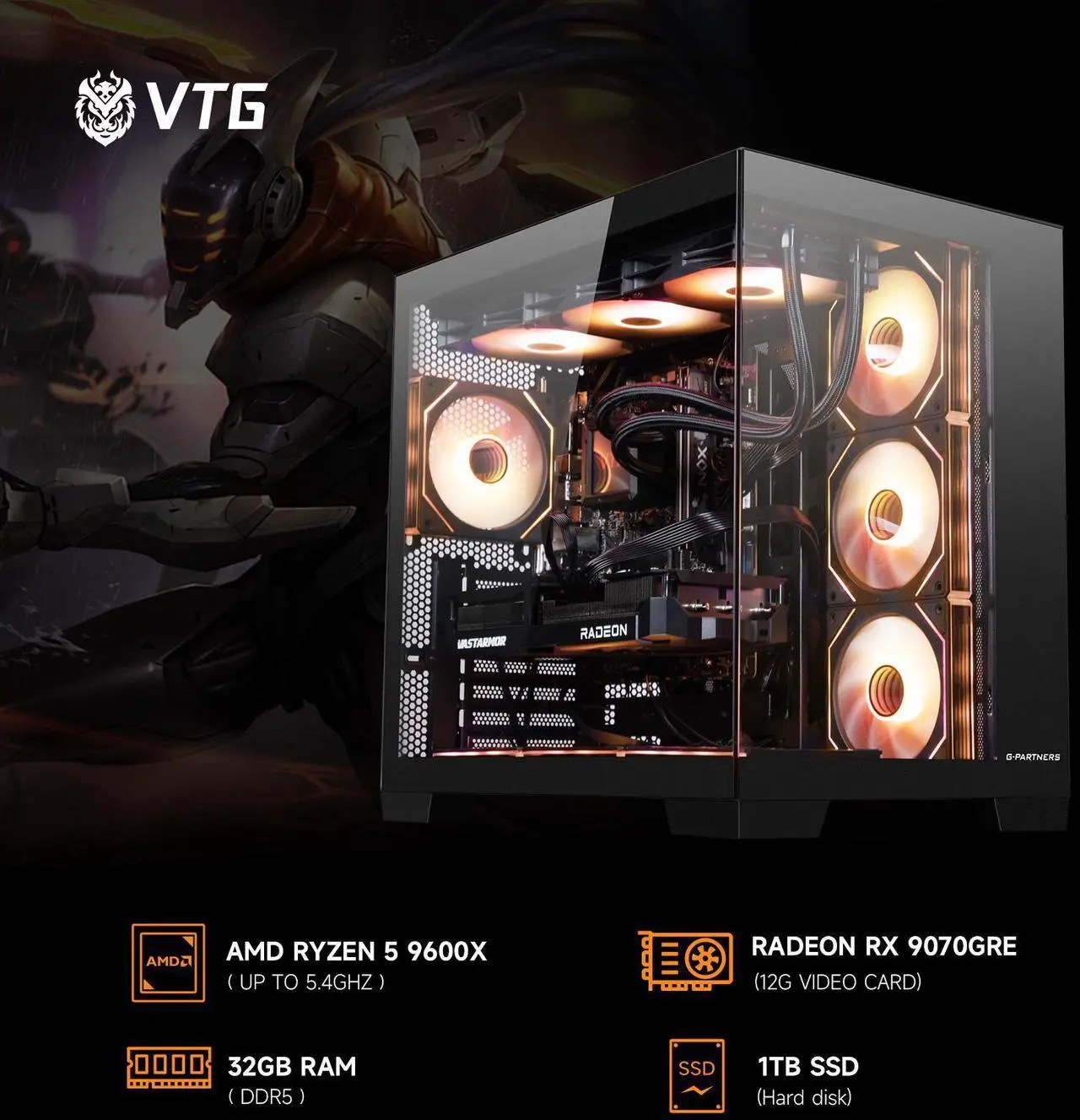 Alt view image 3 of 7 - VTG Gaming Desktop PC , Ryzen5 9600X, Radeon RX 9070 GRE ,MSI B650M 32GB DDR5 1TB NVMe SSD, 650W GOLD PSU, Wi-Fi,360 Liquid Cooler,ARGB Fans , Windows 11 Home 64-bit ,Prebuilt Gaming Pc New computer