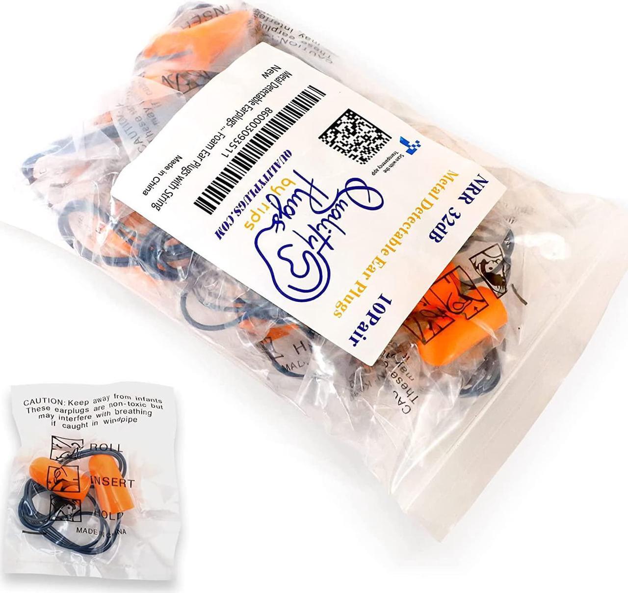 Main image of 10 Pairs of Metal Detectable Foam Earplugs - NRR 32dB with Detectable Cord - Noise Cancelling, Disposable, Corded Ear Plugs for Food Services, Industry, Pharmaceutical, Pulp & Paper