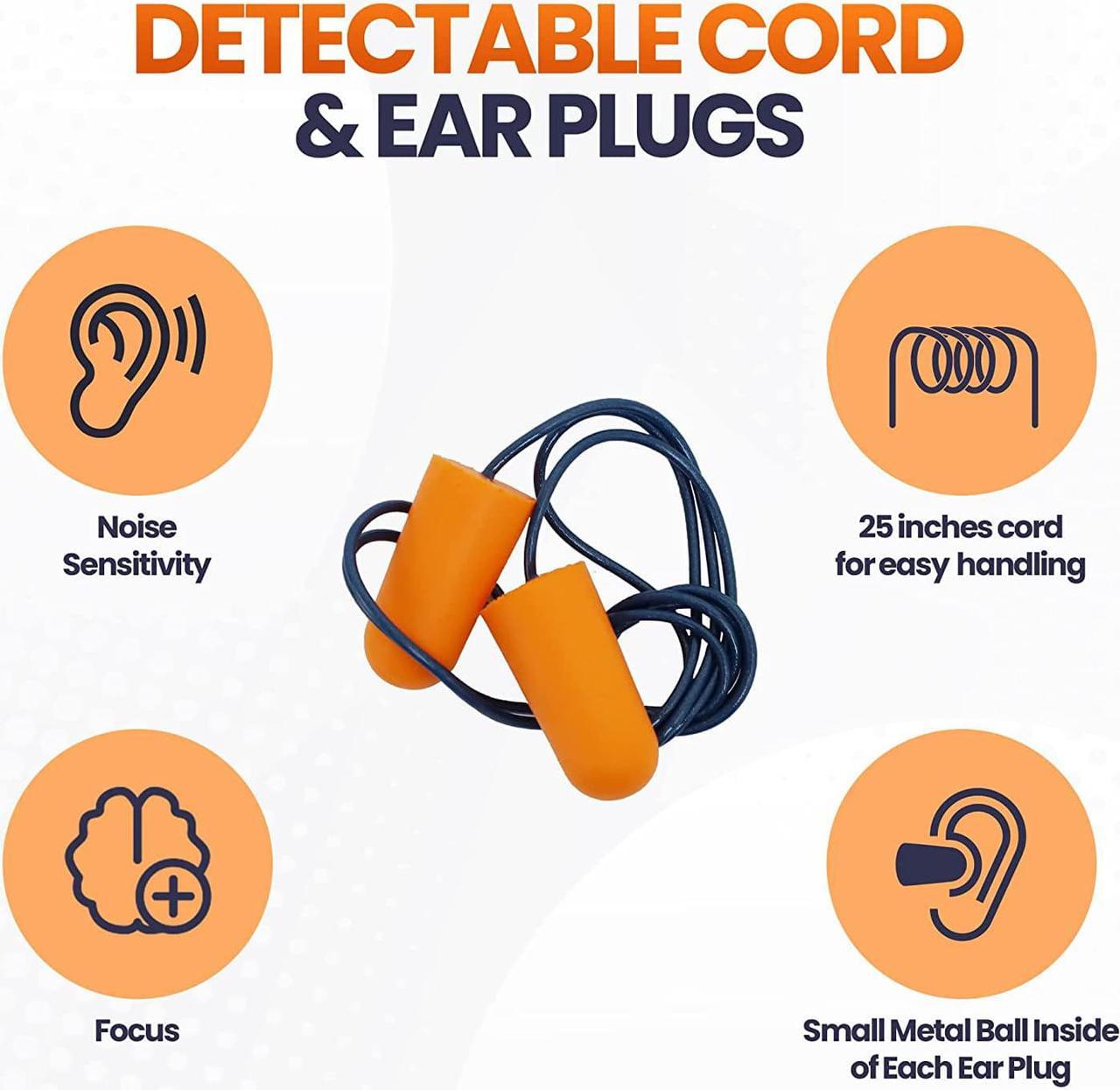 Alt view image 2 of 2 - 10 Pairs of Metal Detectable Foam Earplugs - NRR 32dB with Detectable Cord - Noise Cancelling, Disposable, Corded Ear Plugs for Food Services, Industry, Pharmaceutical, Pulp & Paper
