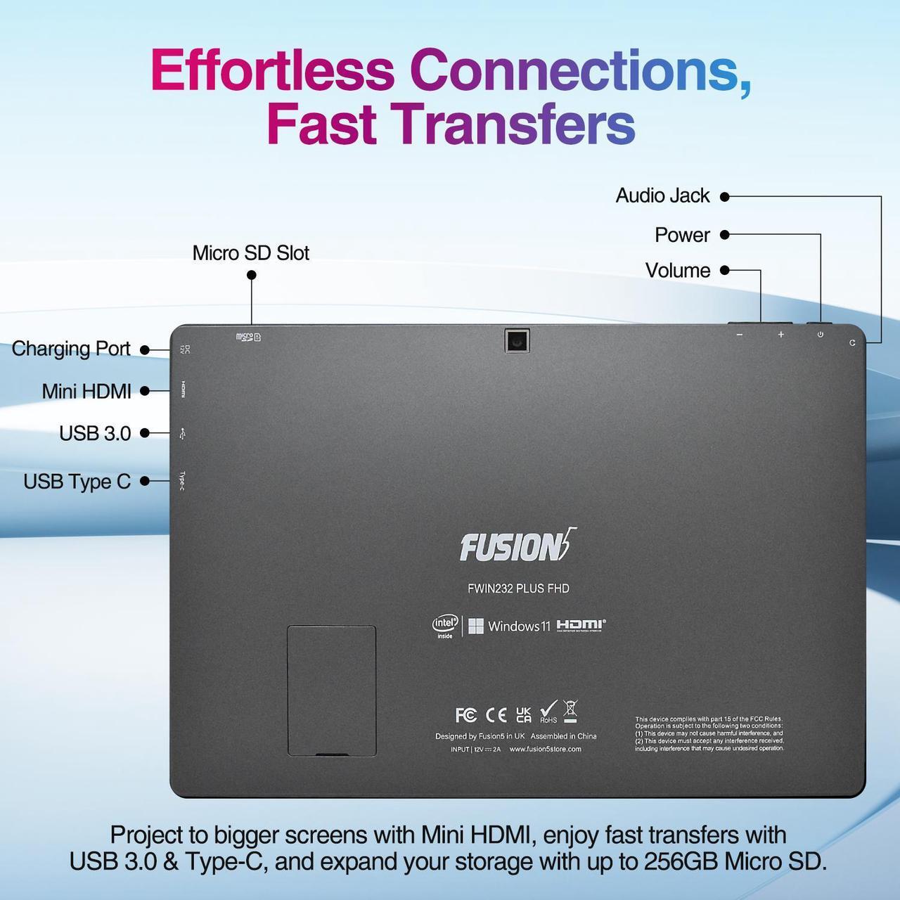 Alt view image 4 of 6 - Fusion5 10.1" Windows 11 Tablet PC - Ultra Slim Full HD Tablet Computer - 8GB RAM, 128GB Storage, 10 Inch Display, 5G WiFi, Quad-Core CPU, USB 3.0, Micro HDMI, Dual Cameras, Bluetooth