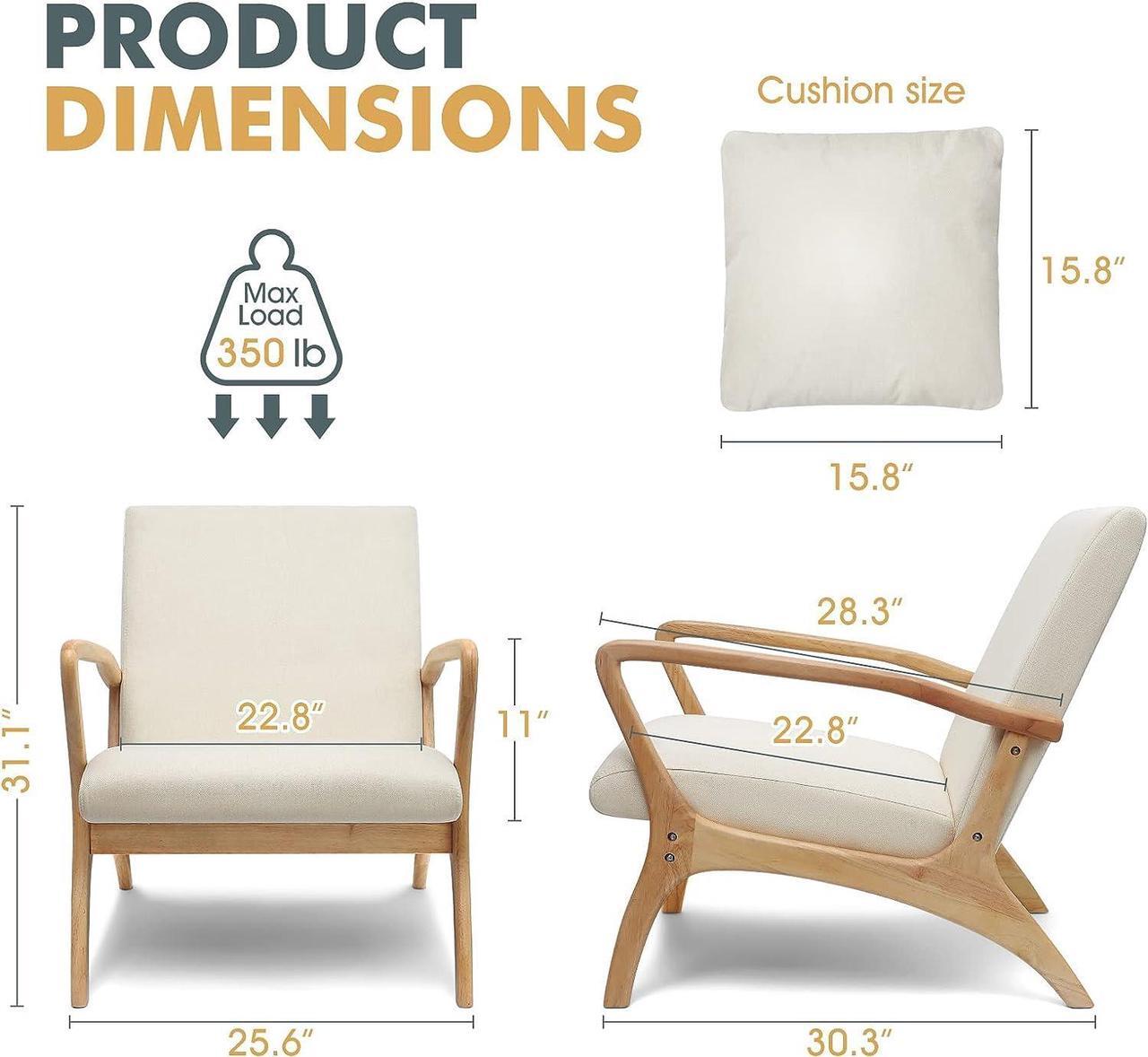 Alt view image 2 of 7 - CDCASA Mid-Century Modern Accent Chair with Cushion, 28.3'' Long Armrest Chairs Upholstered Linen Fabric Wood Frame Armchair for Living Room,Bedroom,Reading,Balcony, Set of 1, Welcome to consult