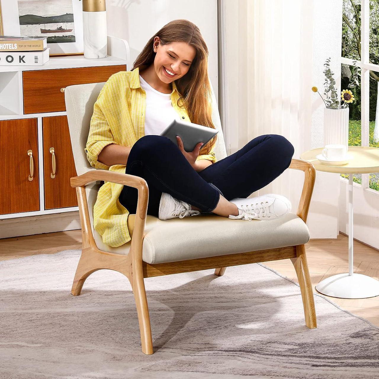 Alt view image 5 of 7 - CDCASA Mid-Century Modern Accent Chair with Cushion, 28.3'' Long Armrest Chairs Upholstered Linen Fabric Wood Frame Armchair for Living Room,Bedroom,Reading,Balcony, Set of 1, Welcome to consult