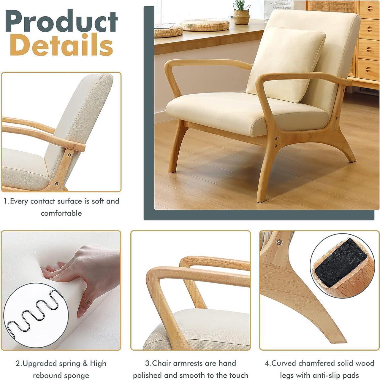 Alt view image 7 of 7 - CDCASA Mid-Century Modern Accent Chair with Cushion, 28.3'' Long Armrest Chairs Upholstered Linen Fabric Wood Frame Armchair for Living Room,Bedroom,Reading,Balcony, Set of 1, Welcome to consult