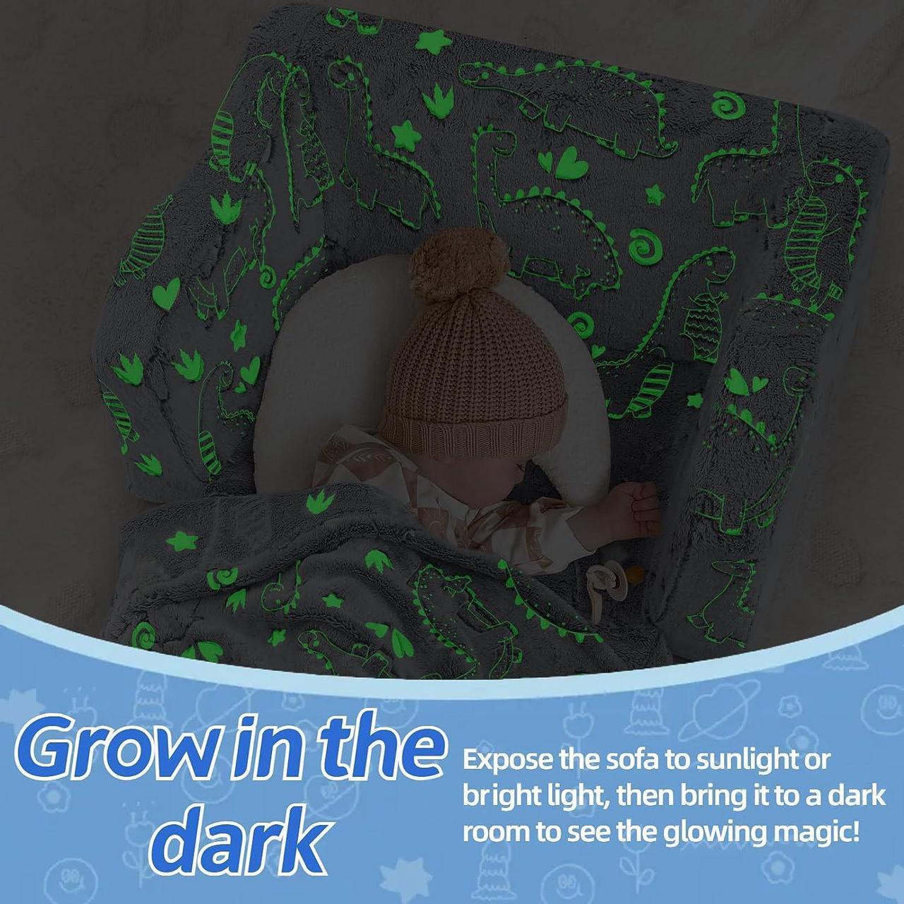Alt view image 4 of 7 - MeMoreCool Kids Dinosaur Couch, Foldable Toddler Chair, Glow in The Dark Convertible Sofa Bed, Fold Out Lounge for Boys Ages 1-3 in Playroom, Comfy Recliner Lounger (Gray)