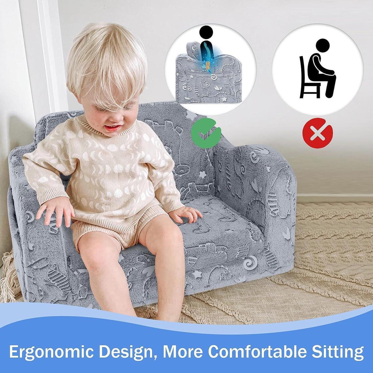 Alt view image 6 of 7 - MeMoreCool Kids Dinosaur Couch, Foldable Toddler Chair, Glow in The Dark Convertible Sofa Bed, Fold Out Lounge for Boys Ages 1-3 in Playroom, Comfy Recliner Lounger (Gray)