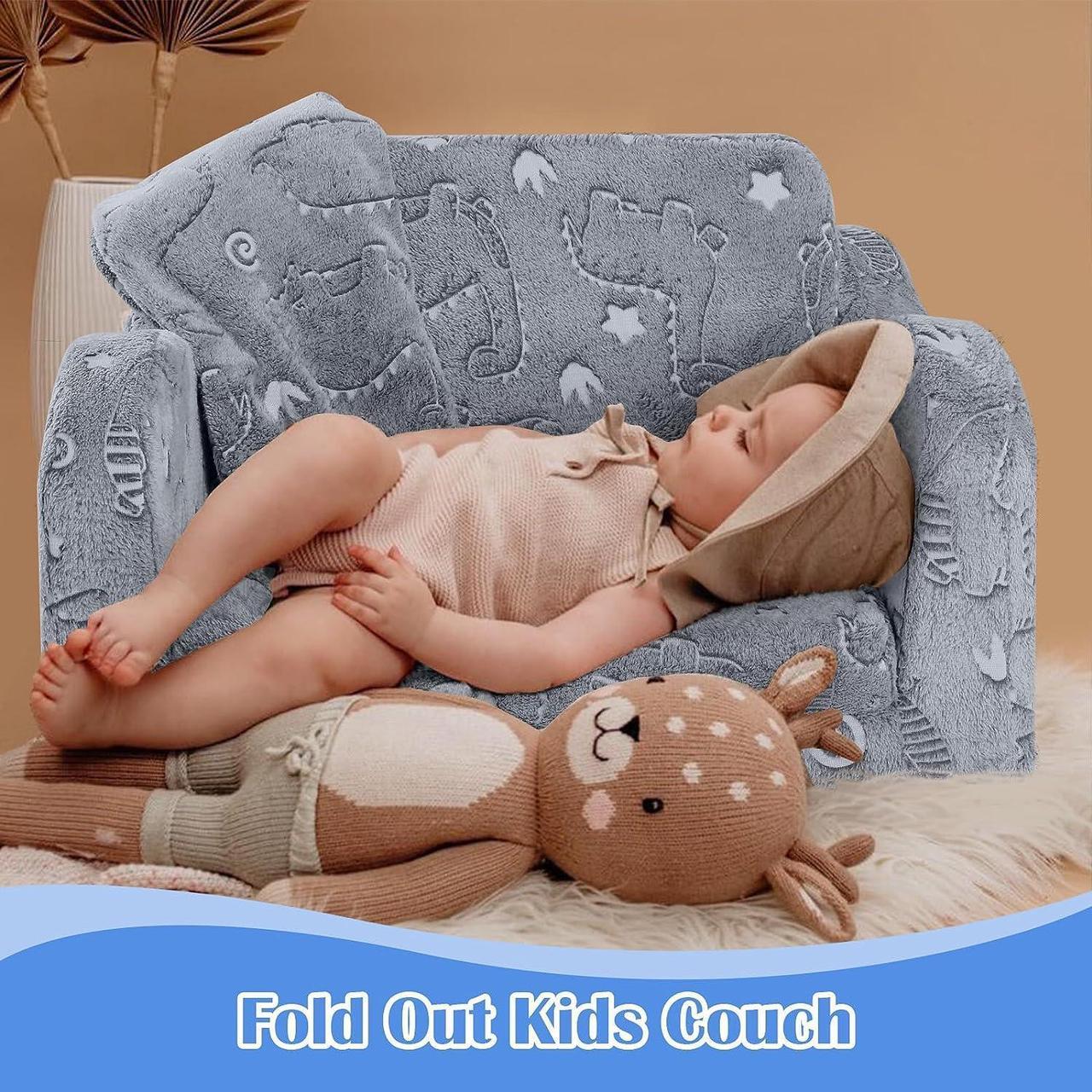 Alt view image 7 of 7 - MeMoreCool Kids Dinosaur Couch, Foldable Toddler Chair, Glow in The Dark Convertible Sofa Bed, Fold Out Lounge for Boys Ages 1-3 in Playroom, Comfy Recliner Lounger (Gray)