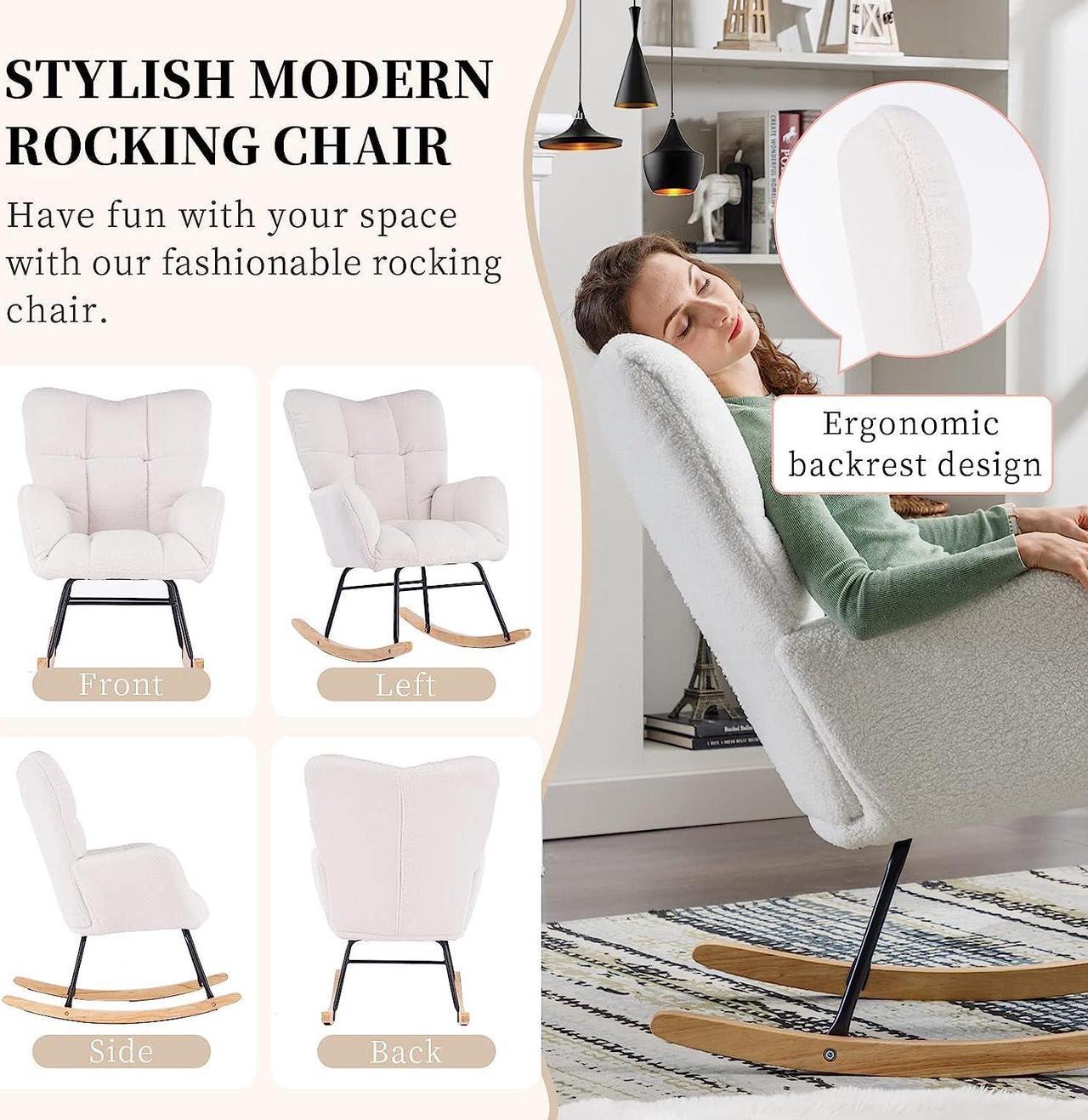 Alt view image 6 of 7 - NIOIIKIT Nursery Rocking Chair Teddy Upholstered Glider Rocker Rocking Accent Chair Padded Seat with High Backrest Armchair Comfy Side Chair for Living Room Bedroom Offices (Ivory Teddy)