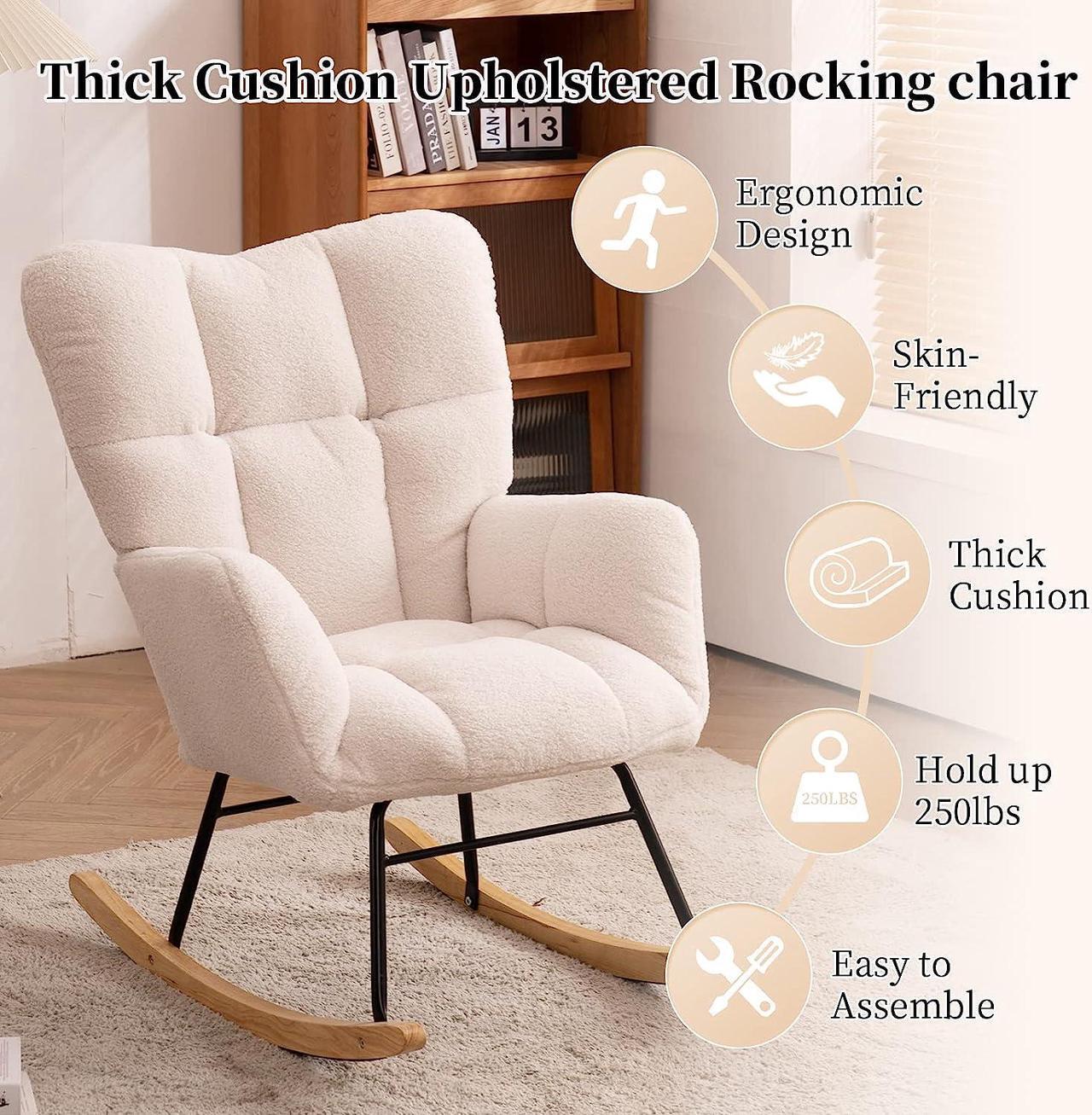 Alt view image 7 of 7 - NIOIIKIT Nursery Rocking Chair Teddy Upholstered Glider Rocker Rocking Accent Chair Padded Seat with High Backrest Armchair Comfy Side Chair for Living Room Bedroom Offices (Ivory Teddy)