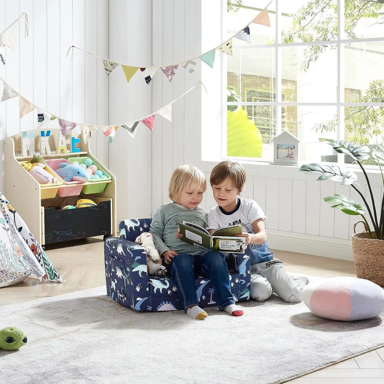 Alt view image 2 of 6 - Ulax Furniture Children Sofa Chair Kids FILP-Out Chair Convertible Sofa to Sleeper Couch (Navy Dinosaur), Welcome to consult