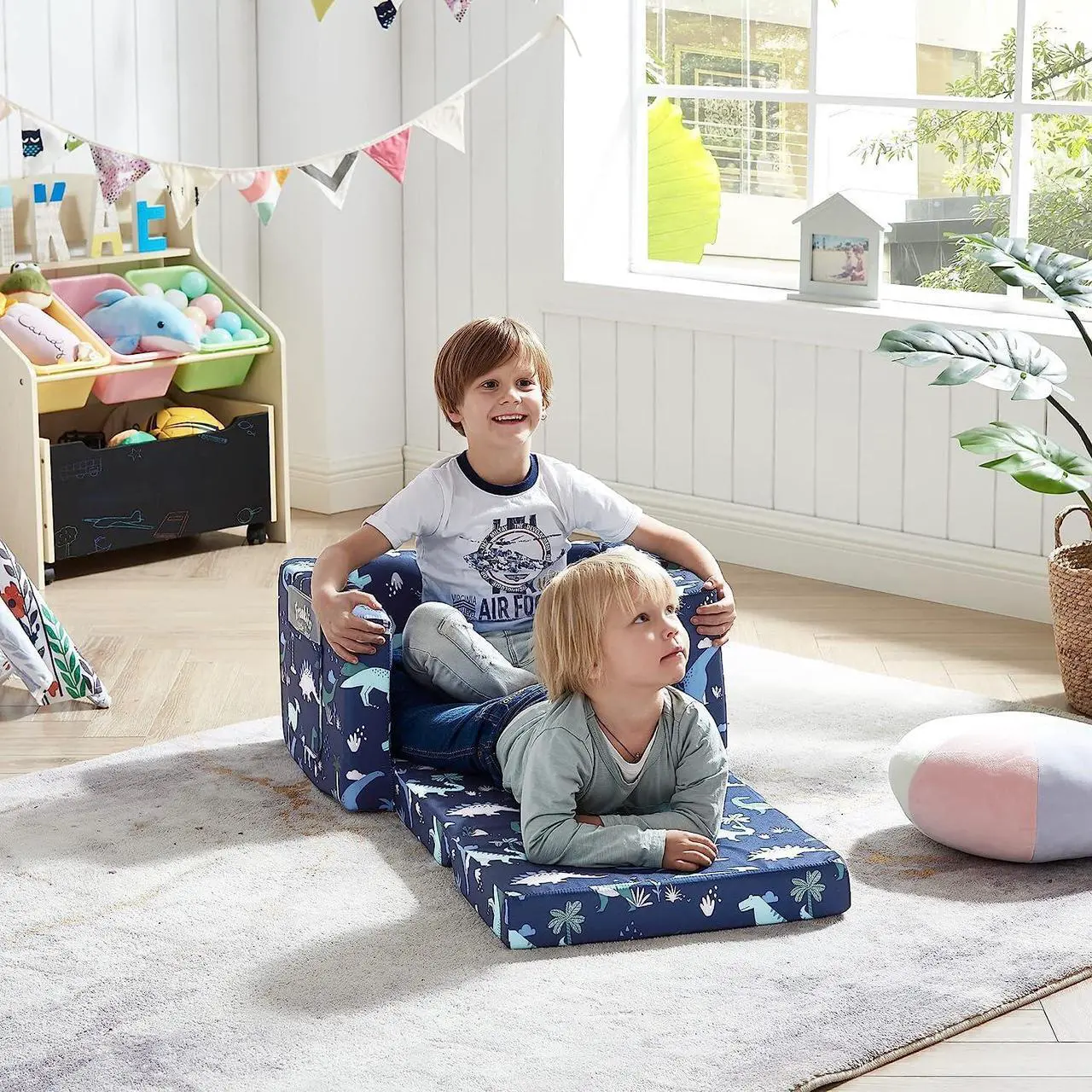 Alt view image 3 of 6 - Ulax Furniture Children Sofa Chair Kids FILP-Out Chair Convertible Sofa to Sleeper Couch (Navy Dinosaur), Welcome to consult