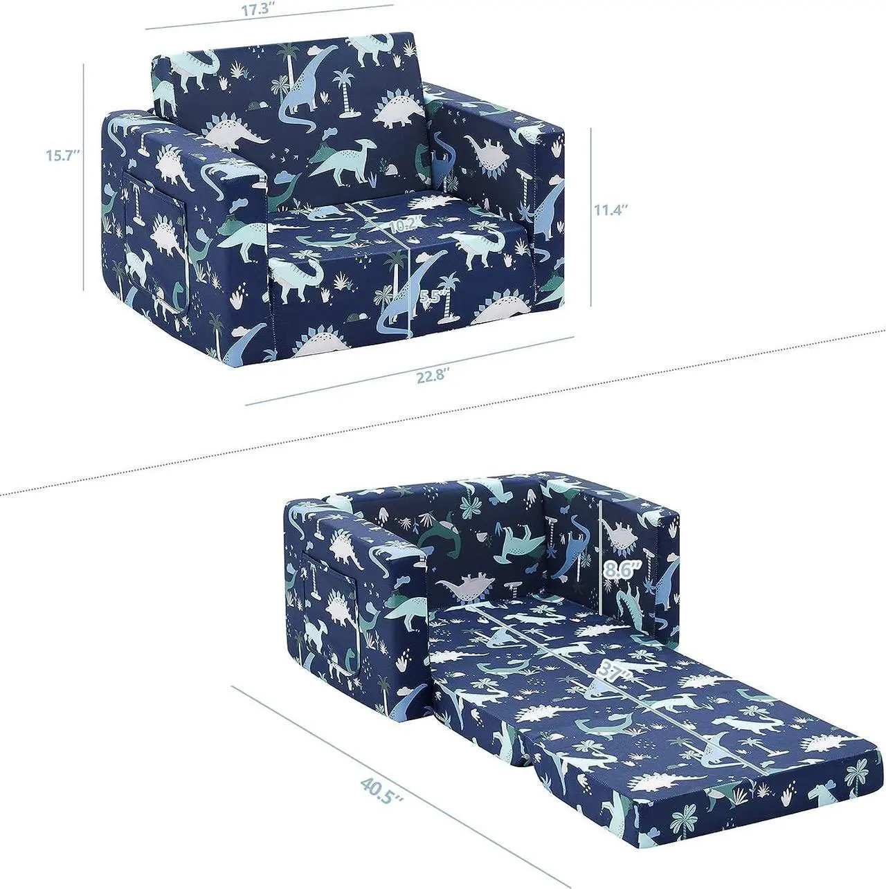 Alt view image 6 of 6 - Ulax Furniture Children Sofa Chair Kids FILP-Out Chair Convertible Sofa to Sleeper Couch (Navy Dinosaur), Welcome to consult