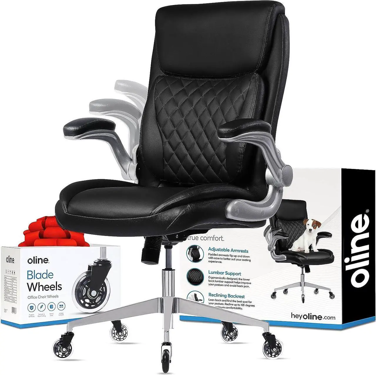 Main image of Oline ErgoAce Ergonomic Executive Office Chair, Rolling Home Desk PU Leather Gaming Computer Chair with Adjustable Armrests, Lumbar Support, Blade Wheels (Black)