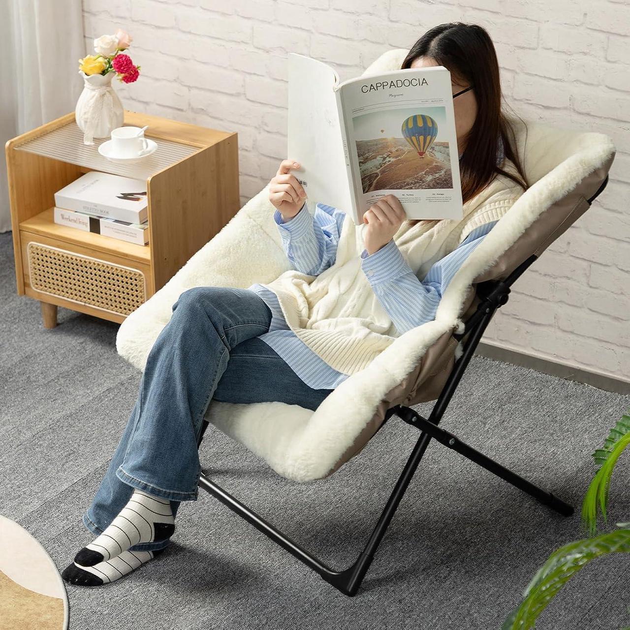 Alt view image 2 of 7 - HollyHOME X-Large Saucer Chair, Comfy Oversized Folding Chair, Faux-Fur Reading Chair for Teens, Adults, Foldable Accent Lazy Chair, Metal Frame Lounge Chair for Living Room, Bedroom, Dorm, Beige