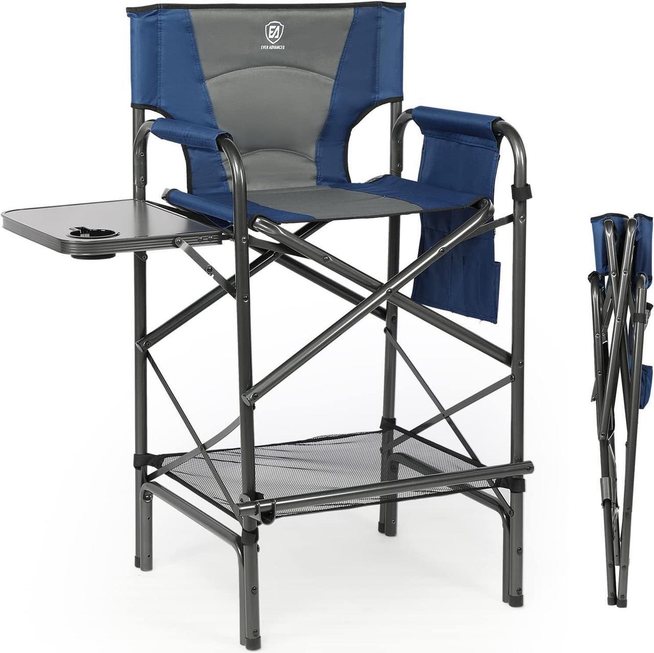 Main image of EVER ADVANCED Tall Folding Chair 30.7" Seat Height Directors Chair High Foldable Bar Stool for Makeup Artist Face Painting with Side Table Cup Holder and Storage Pocket Supports 350LBS (Blue/Grey)