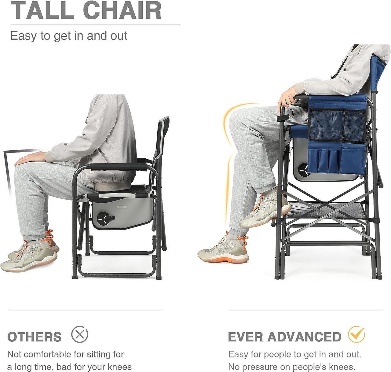 Alt view image 3 of 7 - EVER ADVANCED Tall Folding Chair 30.7" Seat Height Directors Chair High Foldable Bar Stool for Makeup Artist Face Painting with Side Table Cup Holder and Storage Pocket Supports 350LBS (Blue/Grey)