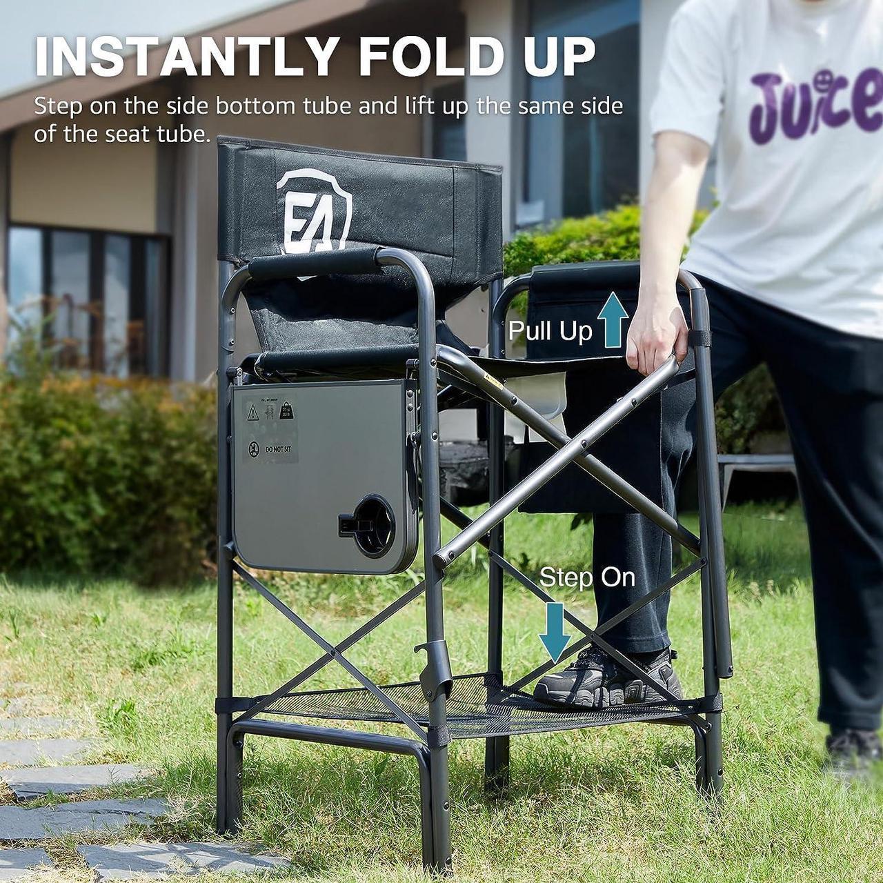 Alt view image 5 of 7 - EVER ADVANCED Tall Folding Chair 30.7" Seat Height Directors Chair High Foldable Bar Stool for Makeup Artist Face Painting with Side Table Cup Holder and Storage Pocket Supports 350LBS (Blue/Grey)