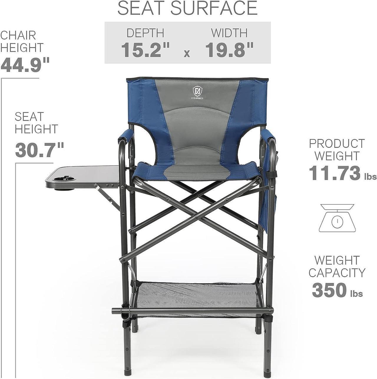 Alt view image 4 of 7 - EVER ADVANCED Tall Folding Chair 30.7" Seat Height Directors Chair High Foldable Bar Stool for Makeup Artist Face Painting with Side Table Cup Holder and Storage Pocket Supports 350LBS (Blue/Grey)